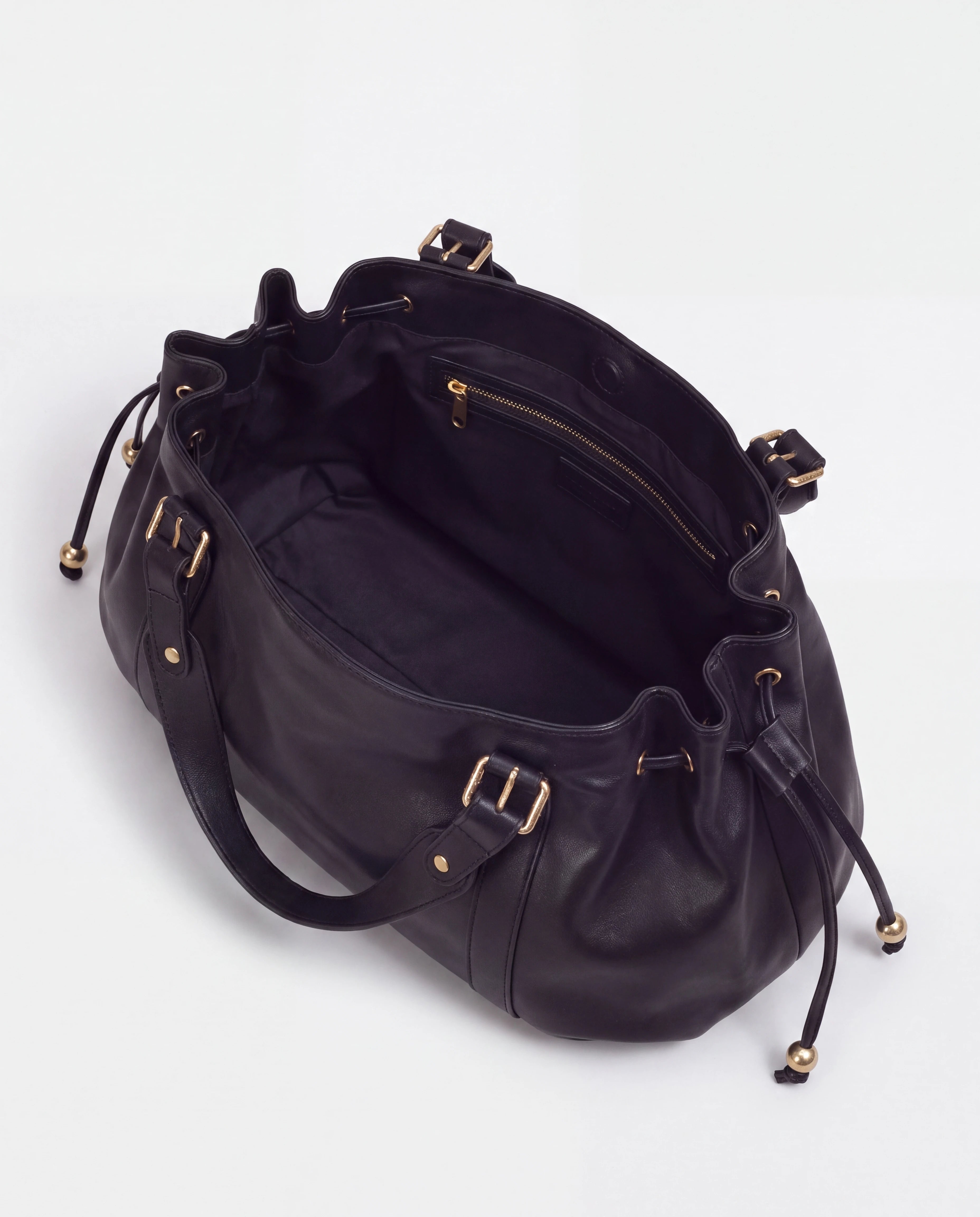 Grand sac à main de cours bowling souple Enora coloris Noir — intérieur vide, doublure et poche zippée