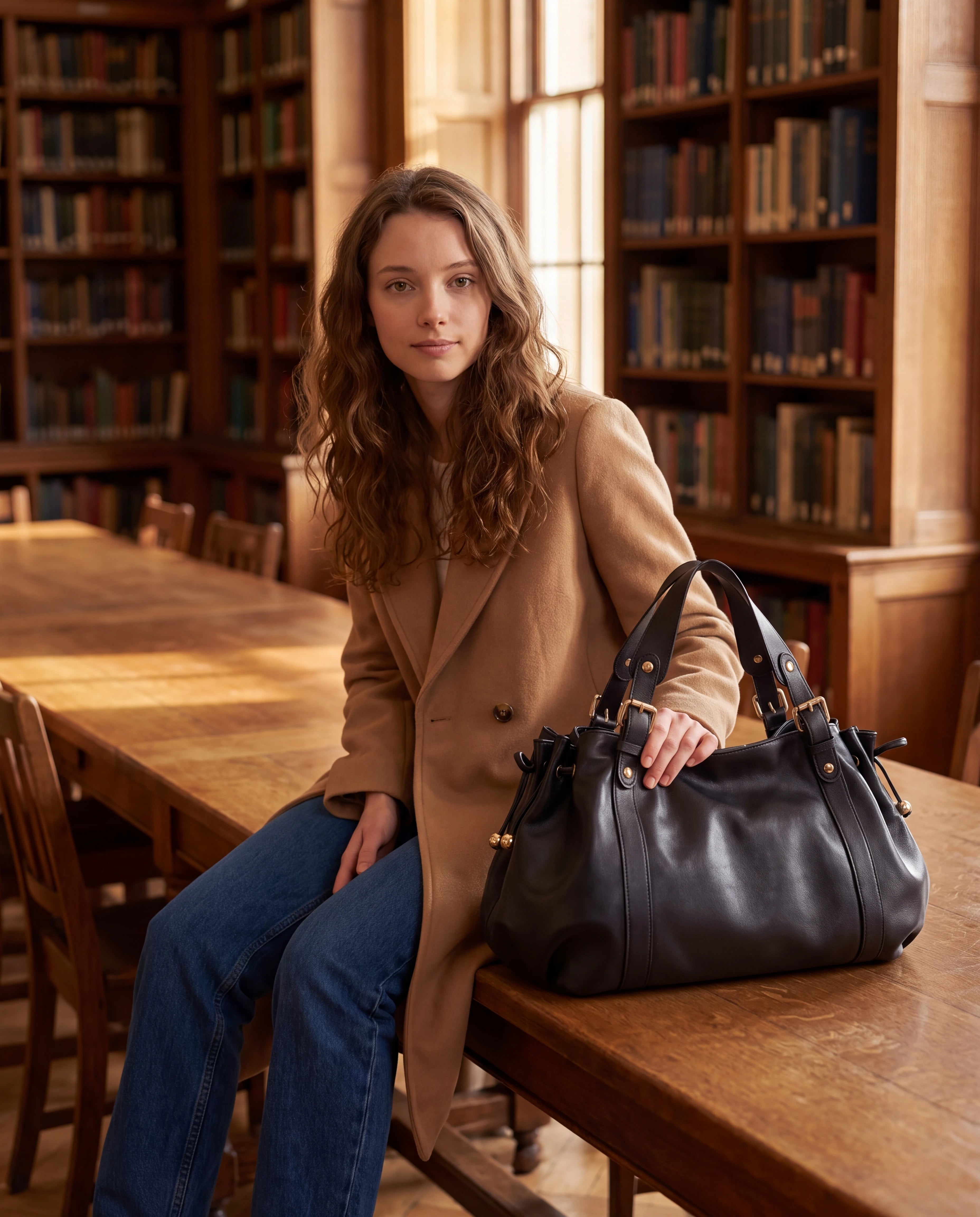 Grand sac à main de cours bowling souple Enora coloris Noir — posé sur une table de bibliothèque