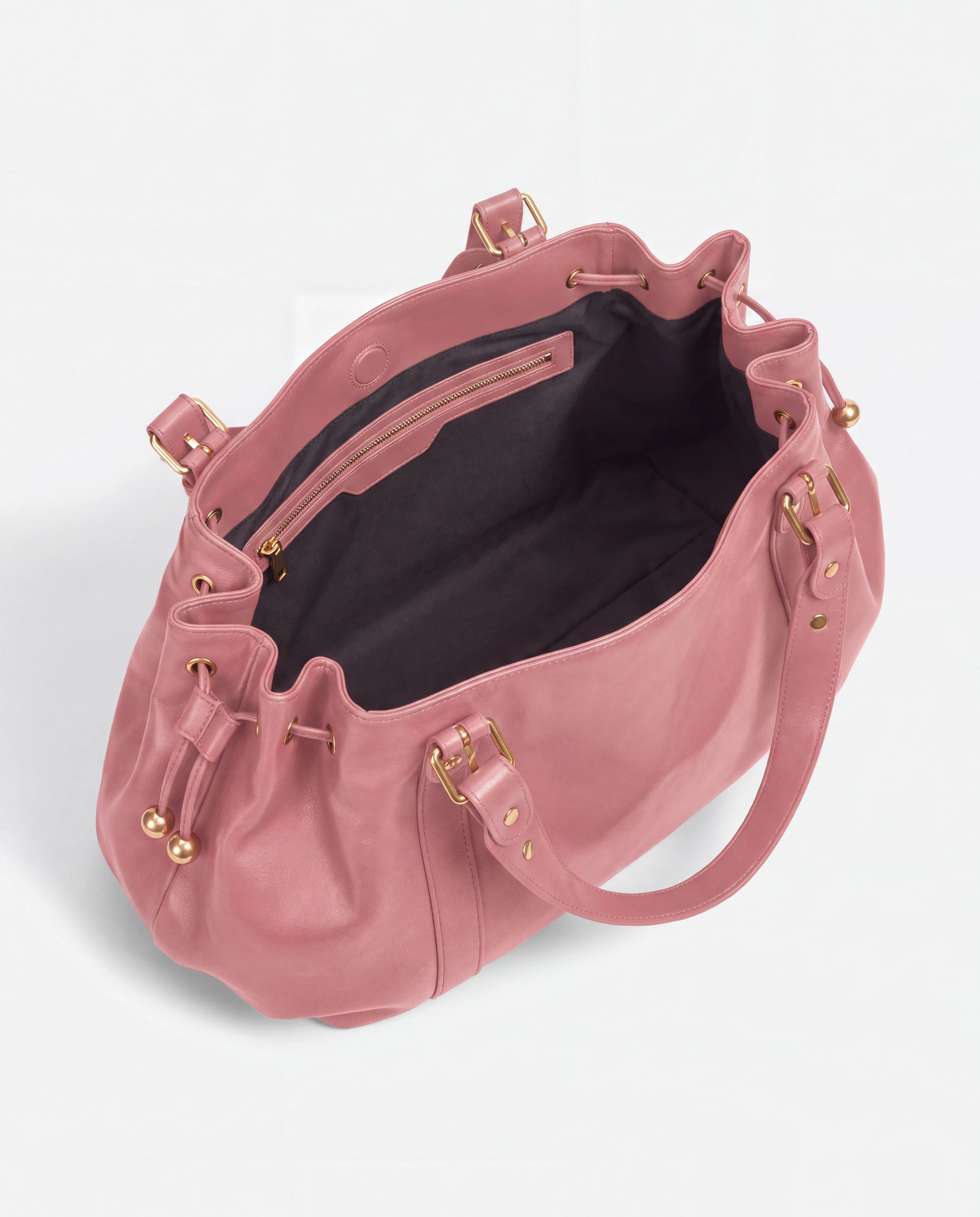 Grand sac à main de cours bowling souple Enora coloris Rose — intérieur vide, doublure et poche zippée