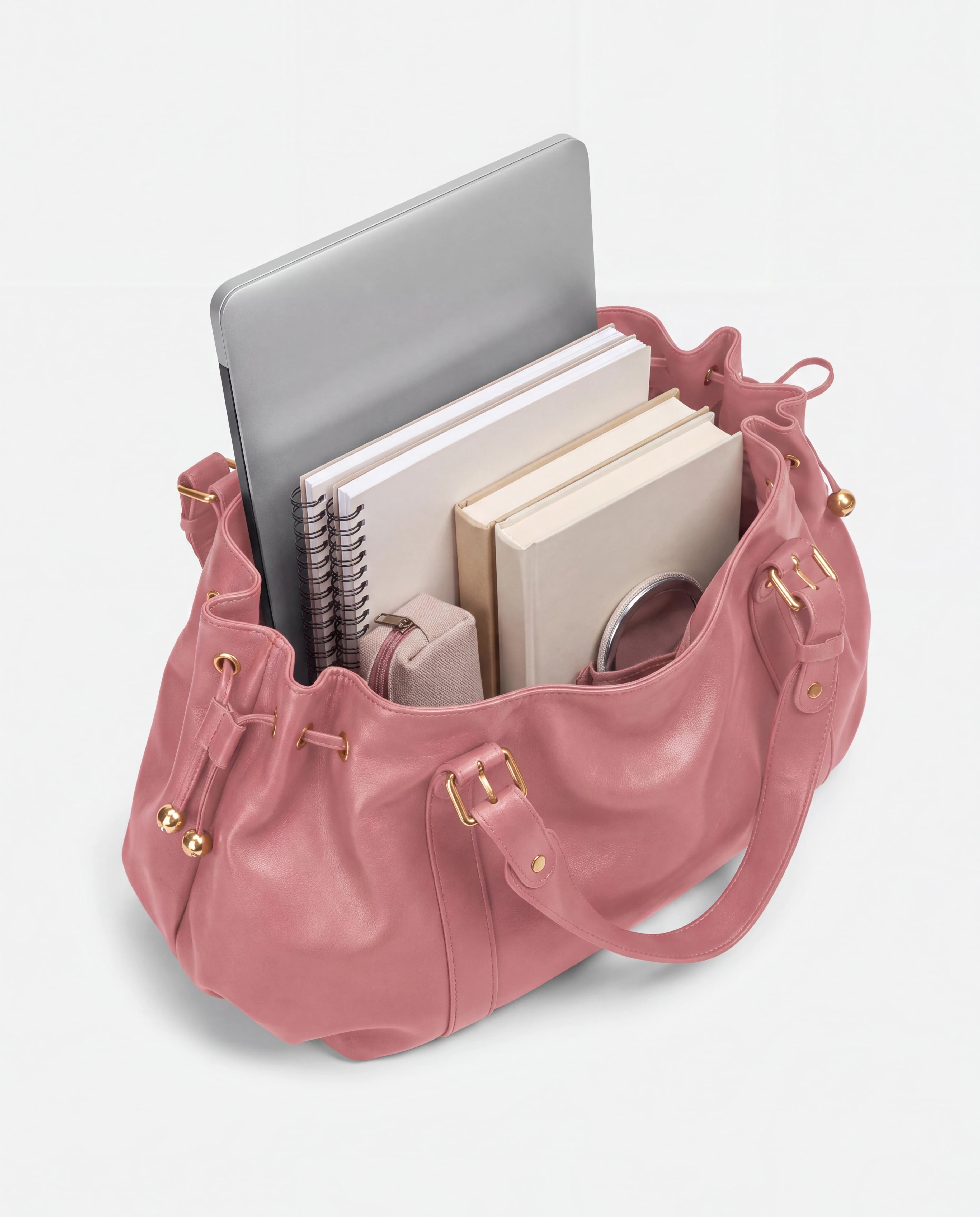 Grand sac à main de cours bowling souple Enora coloris Rose — intérieur avec ordinateur portable, cahiers et livres