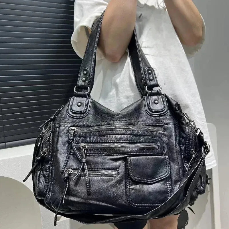 Grand sac à main de cours rétro multipoches à bandoulière Amandine