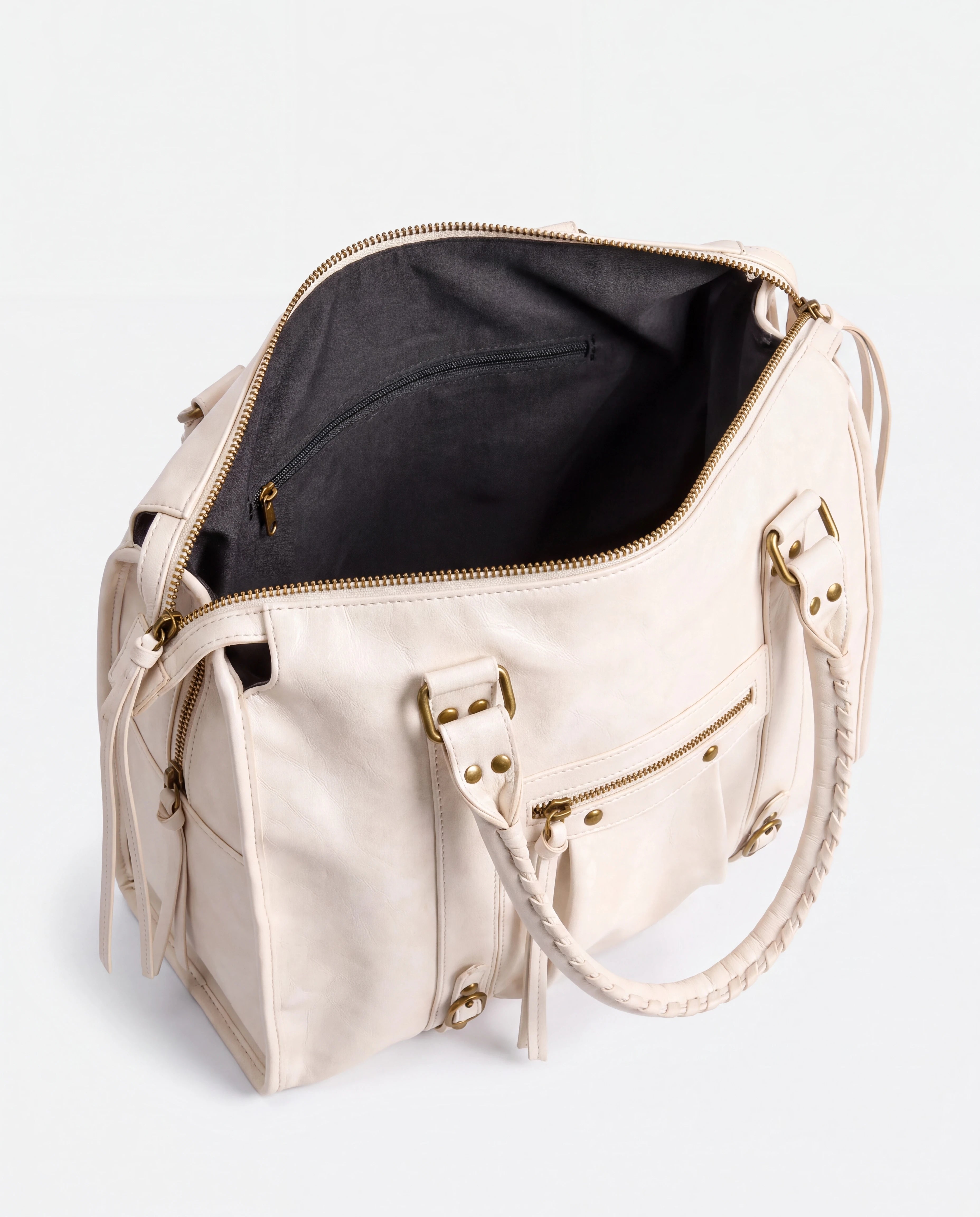 Grand sac à main de cours vintage à franges et bandoulière Laurine coloris Blanc — intérieur vide, doublure et poche zippée