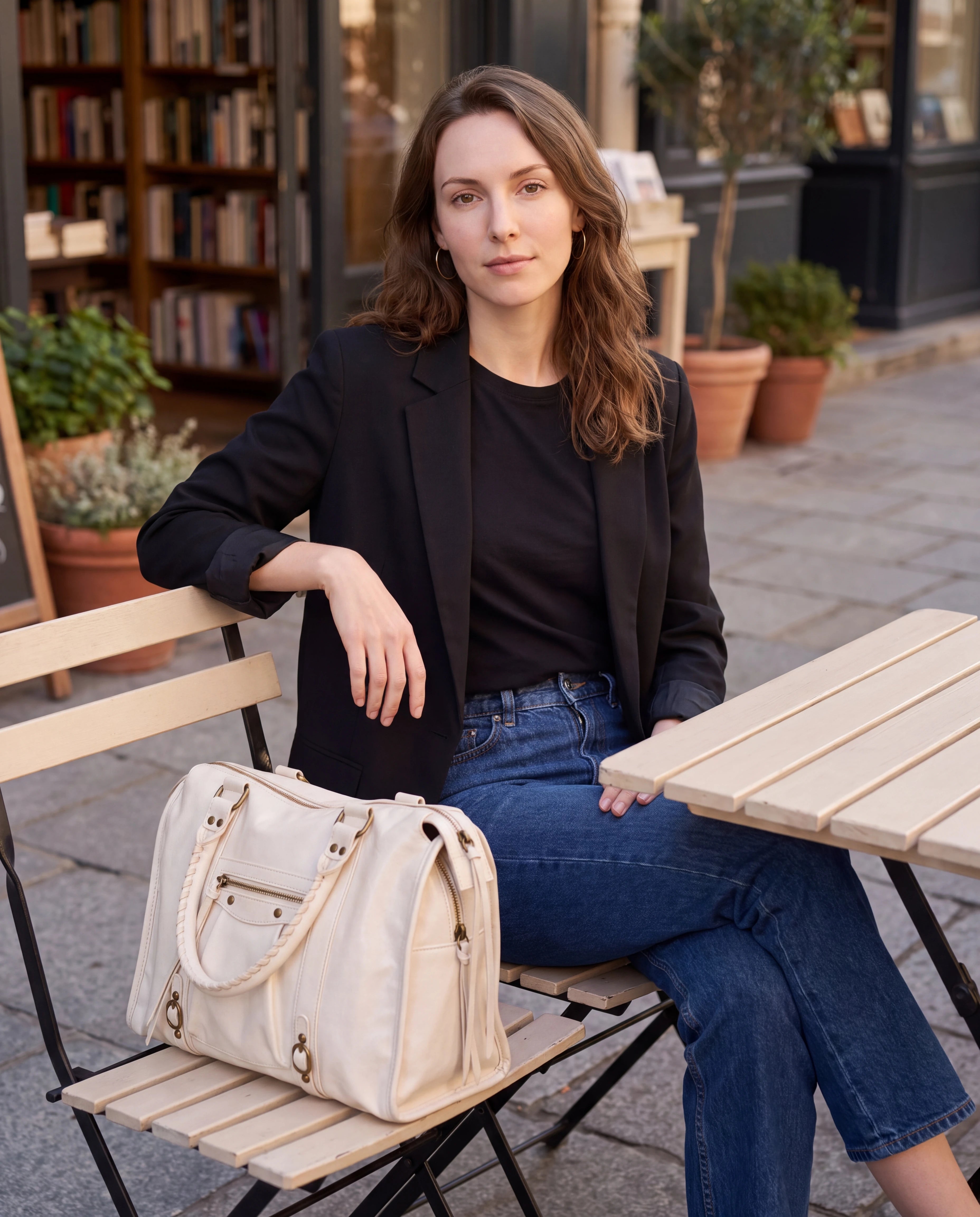 Grand sac à main de cours vintage à franges et bandoulière Laurine coloris Blanc — posé sur la terrasse d’une librairie-café