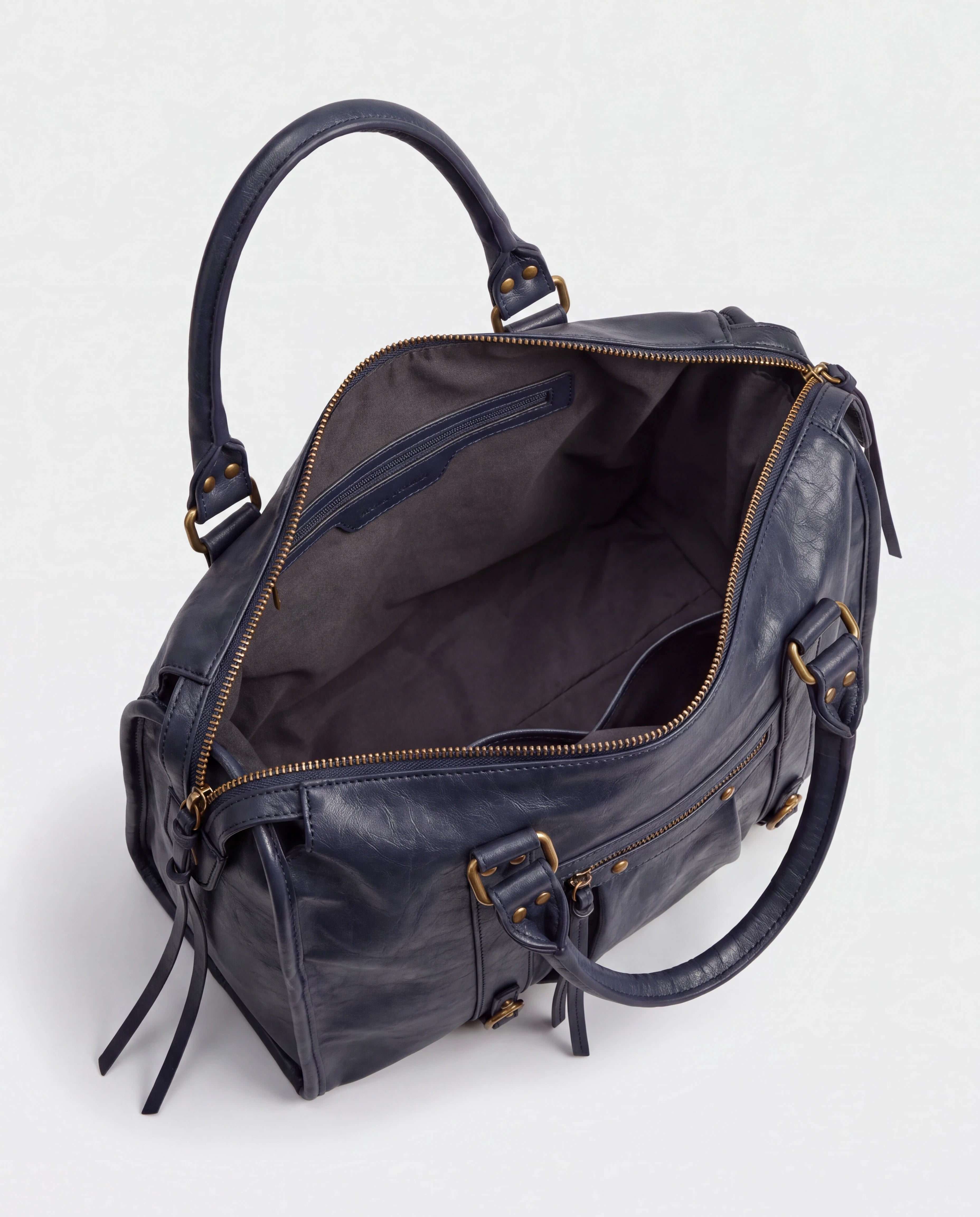 Grand sac à main de cours vintage à franges et bandoulière Laurine coloris Bleu Marine — intérieur vide, doublure et poche zippée