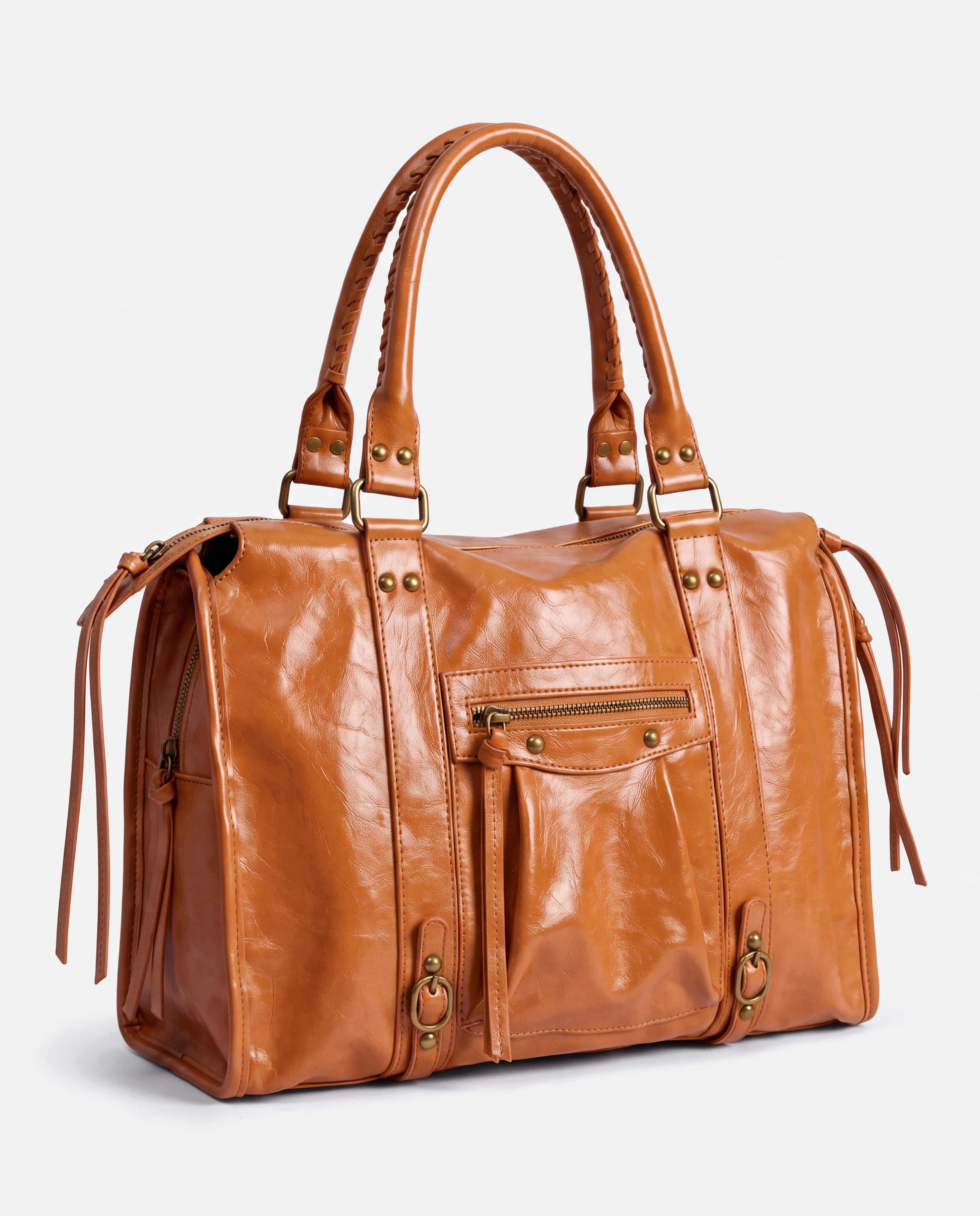 Grand sac à main de cours vintage à franges et bandoulière Laurine coloris Marron — vue de trois quarts sur fond studio