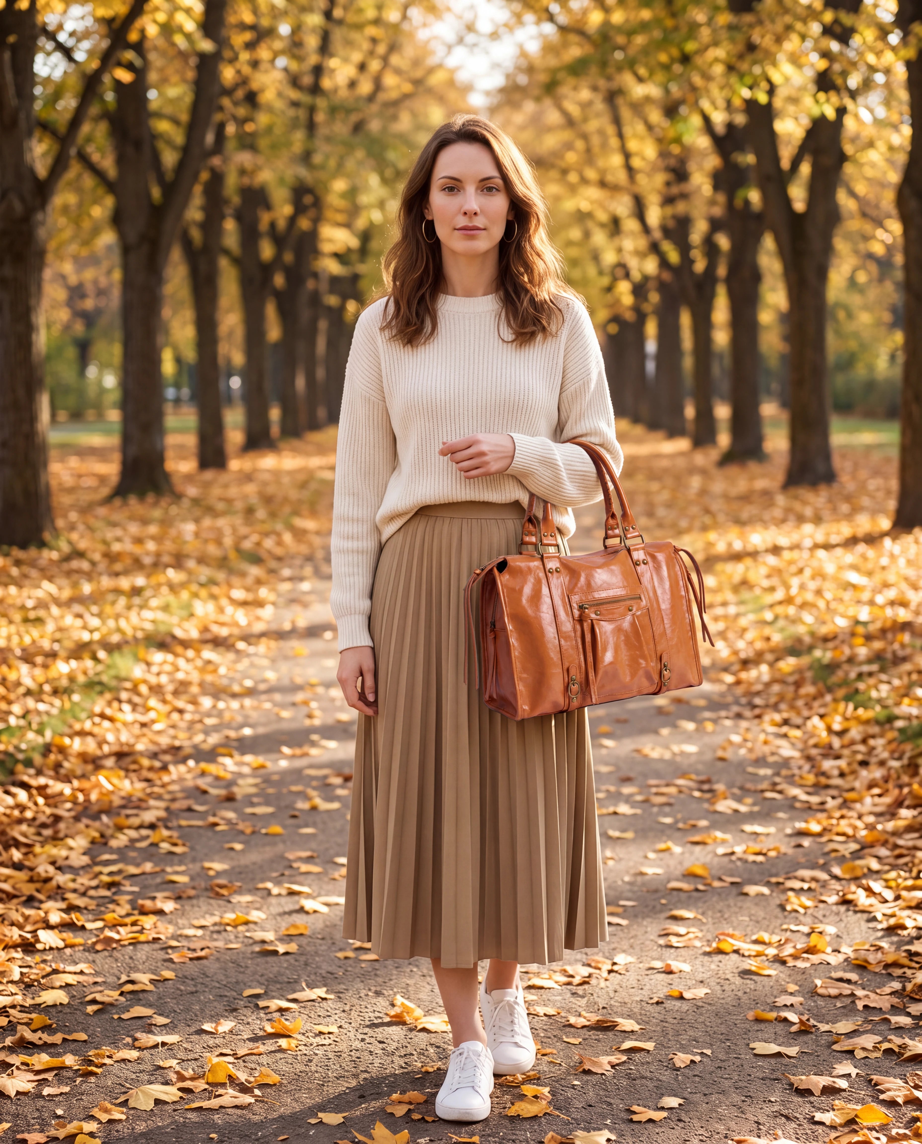 Grand sac à main de cours vintage à franges et bandoulière Laurine coloris Marron — porté dans une allée de parc en automne