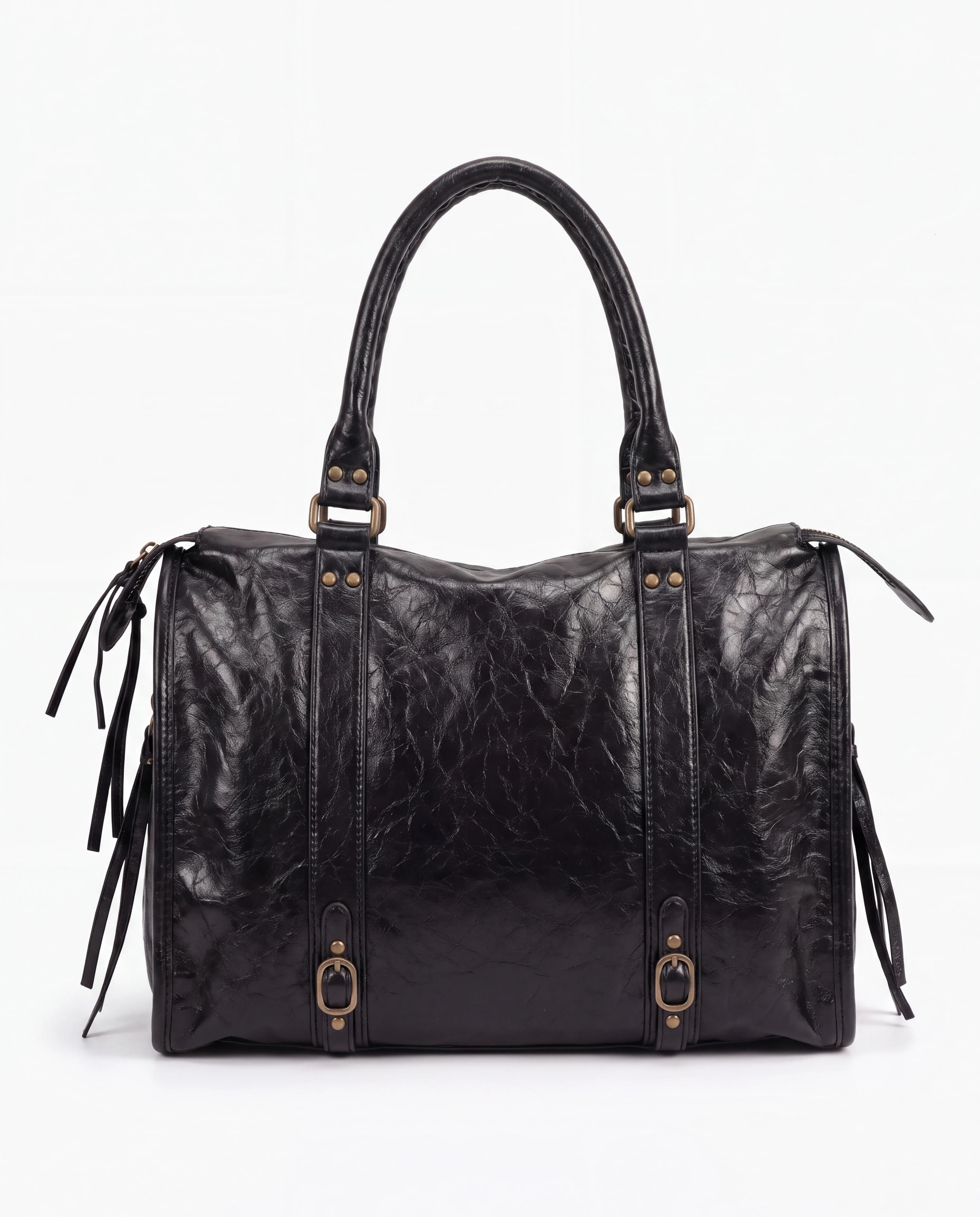 Grand sac à main de cours vintage à franges et bandoulière Laurine coloris Noir — vue de dos sur fond studio