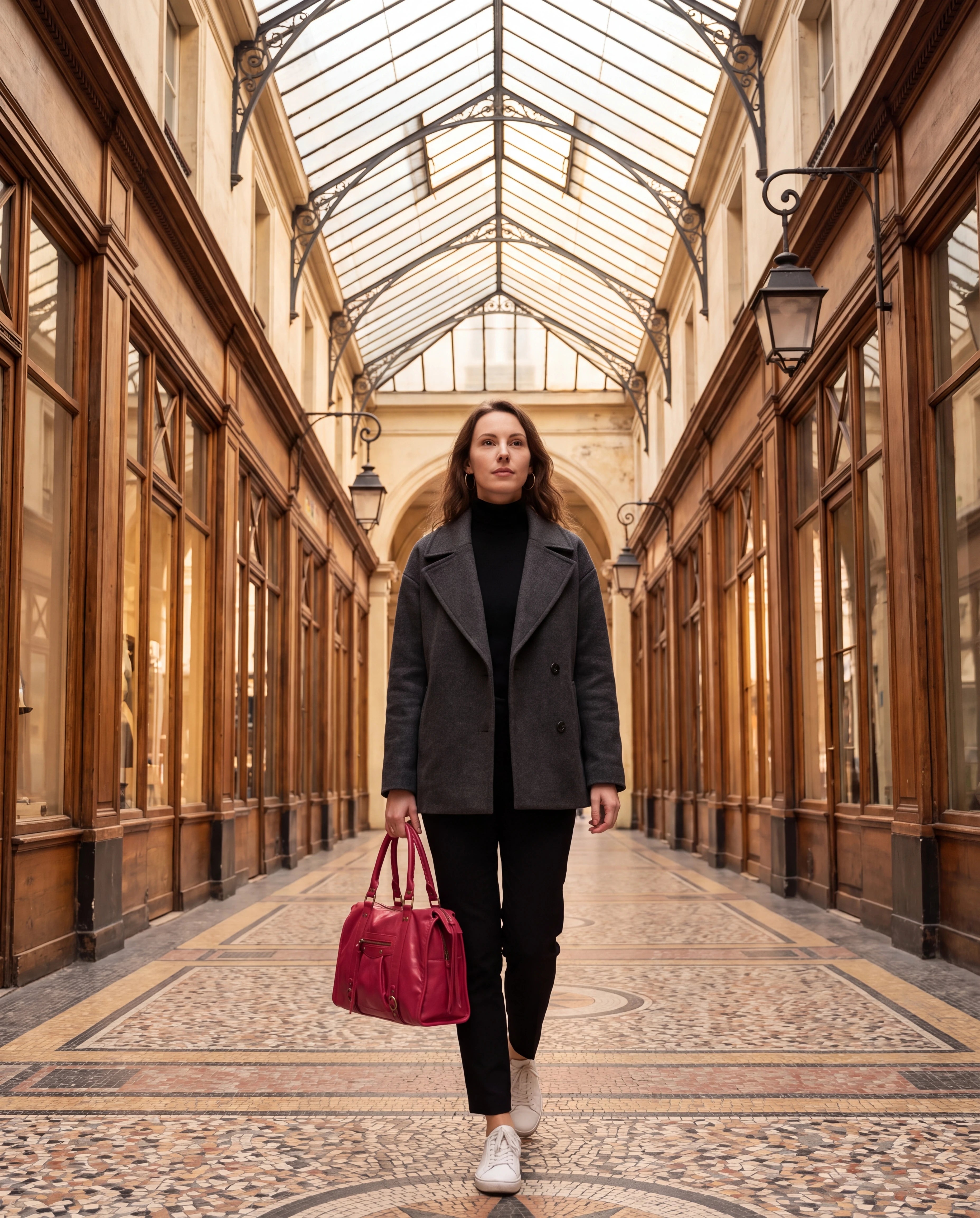 Grand sac à main de cours vintage à franges et bandoulière Laurine coloris Rouge Framboise — porté dans un passage couvert parisien