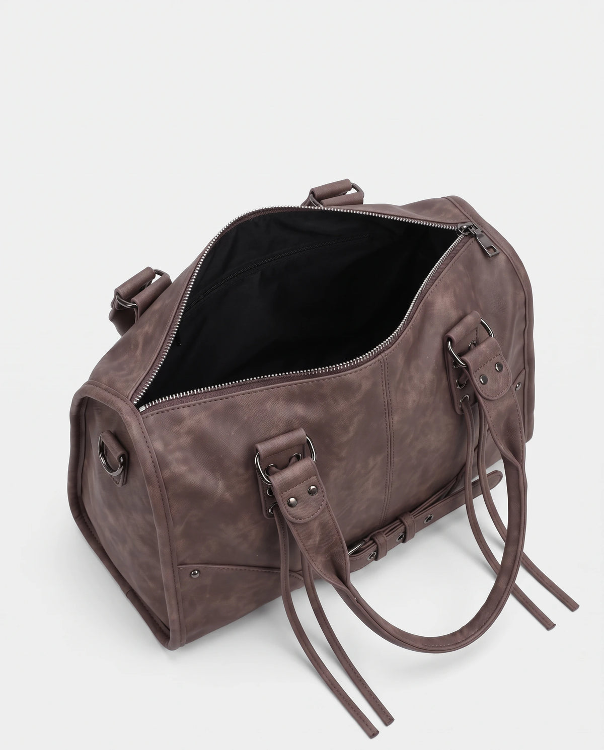 Grand sac à main bowling bandoulière style motard à lacets Avril coloris Brun Cacao, zip ouvert sur la doublure noire