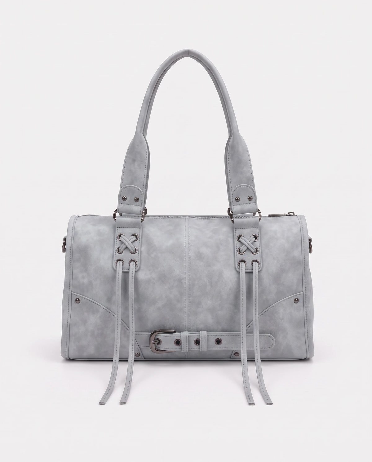 Grand sac à main bowling bandoulière style motard à lacets Avril coloris Gris, packshot studio de face en légère plongée