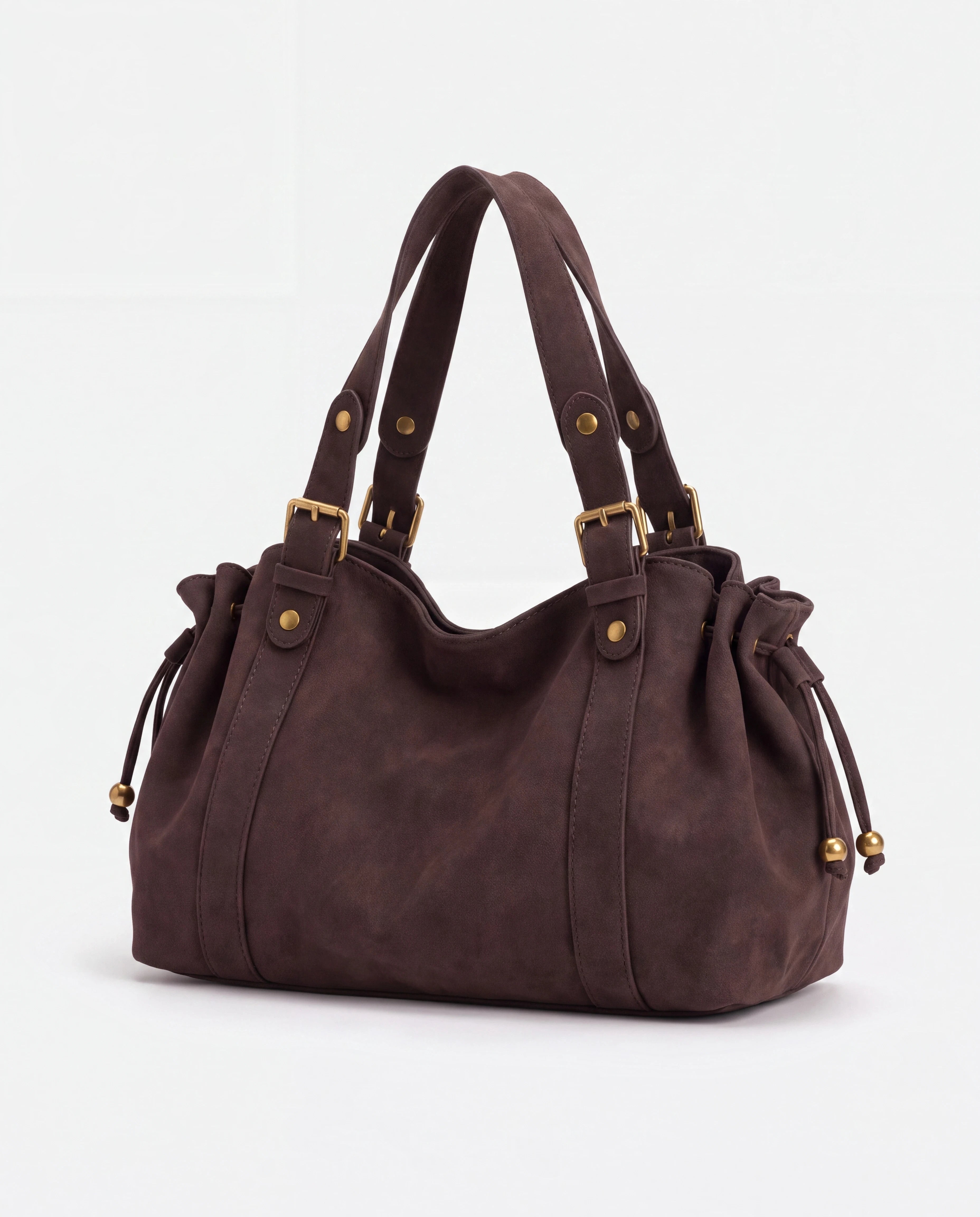 Grand sac à main de cours bowling en suédine Océane coloris Café, packshot studio de trois quarts