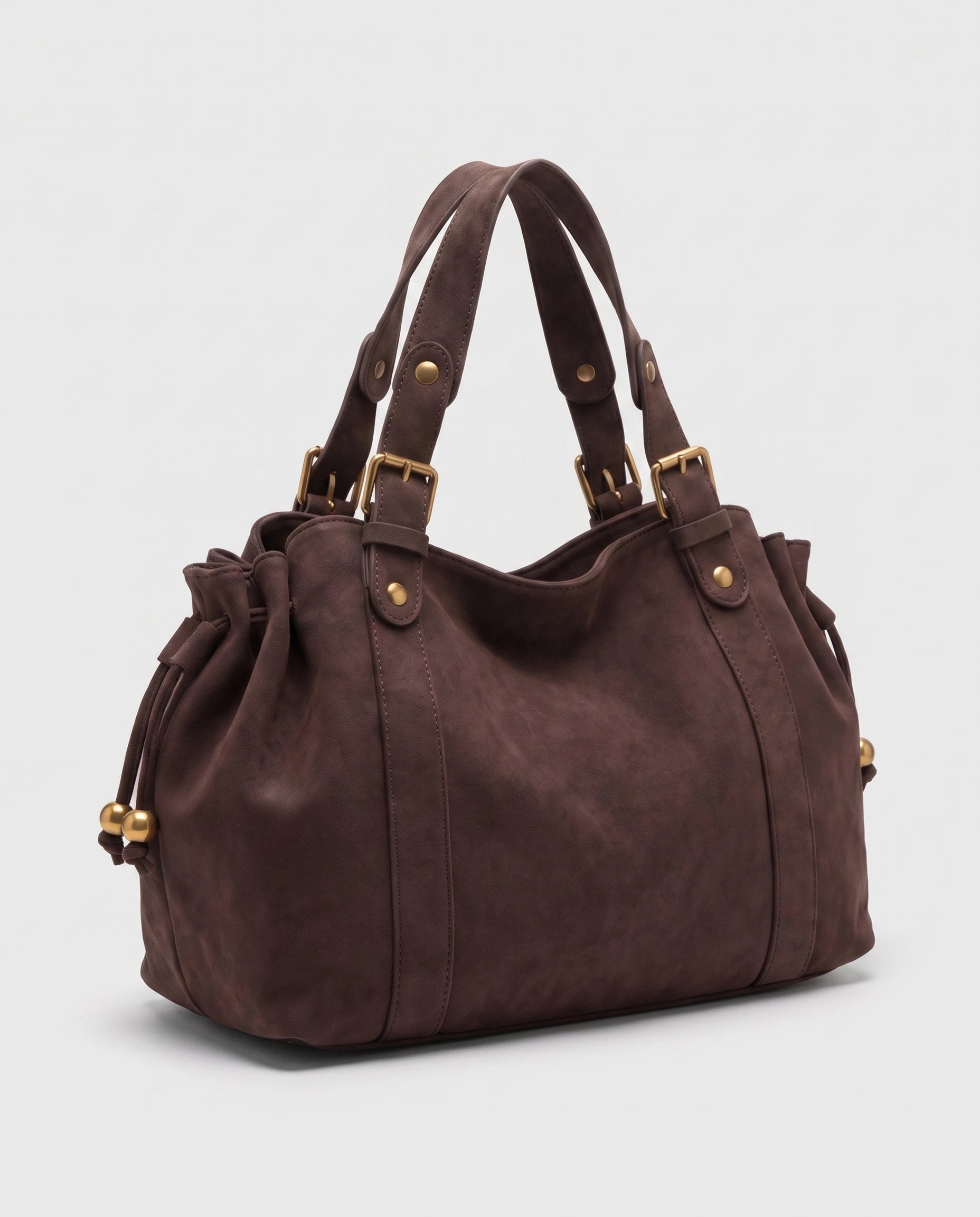 Grand sac à main de cours bowling en suédine Océane coloris Café, vue de trois quarts arrière sur la profondeur et les fronces