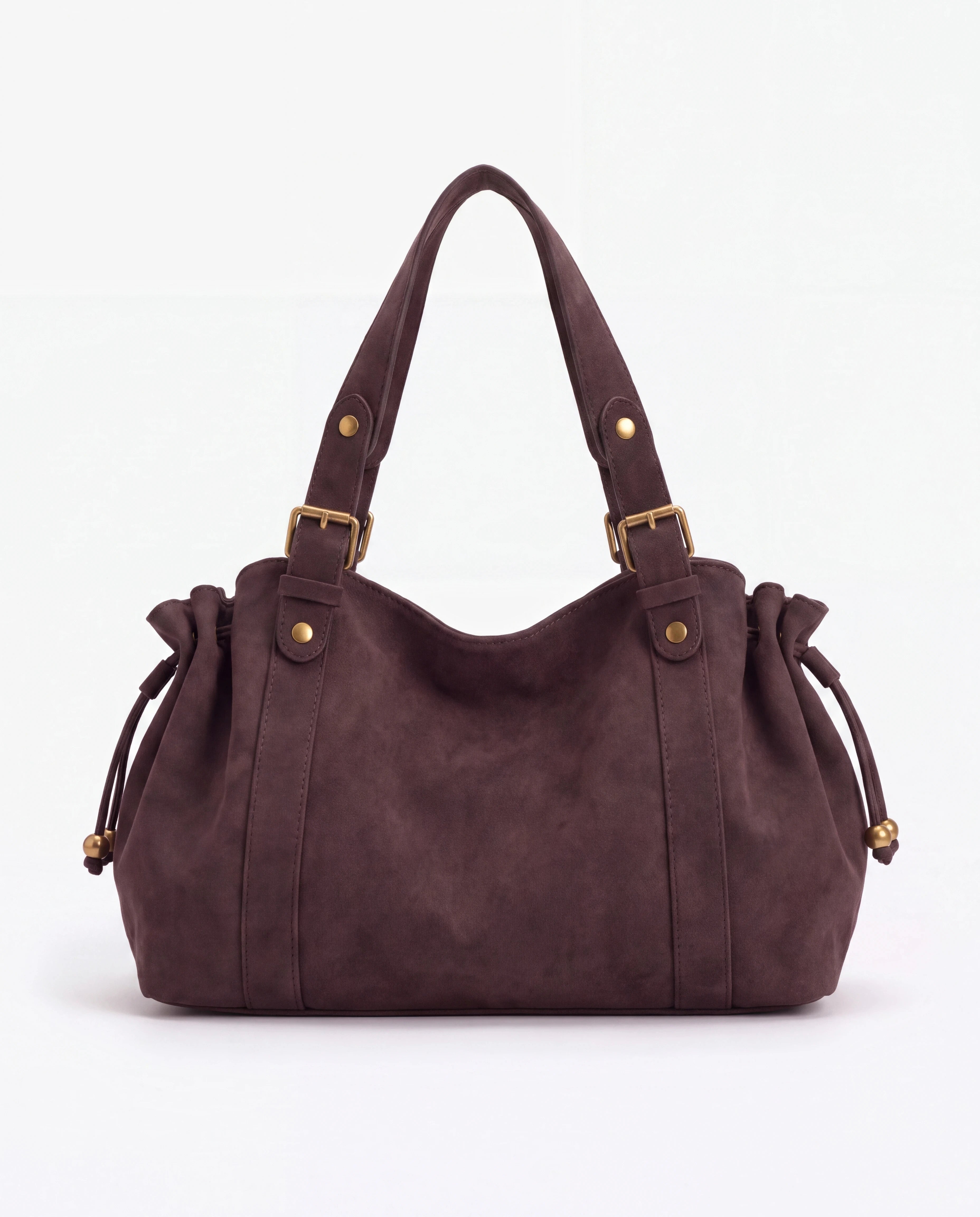 Grand sac à main de cours bowling en suédine Océane coloris Café, vue de profil sur la profondeur et les fronces