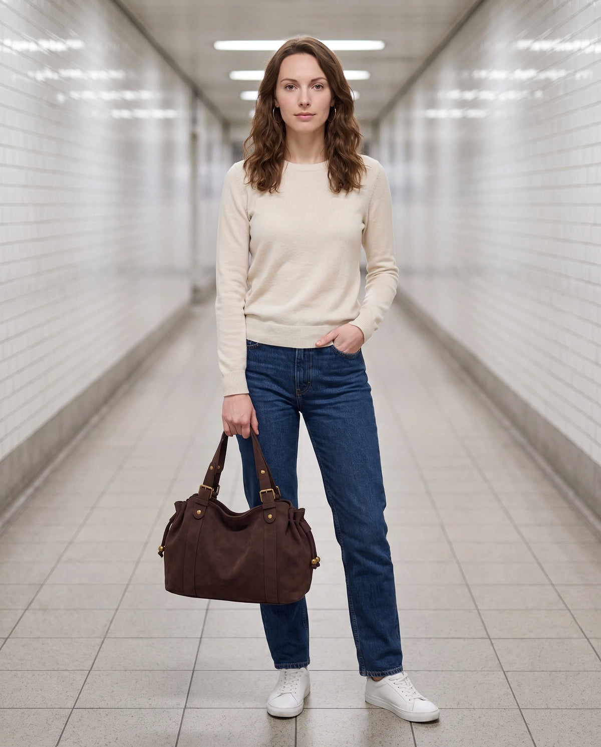 Grand sac à main de cours bowling en suédine Océane coloris Café, porté dans un couloir de métro carrelé