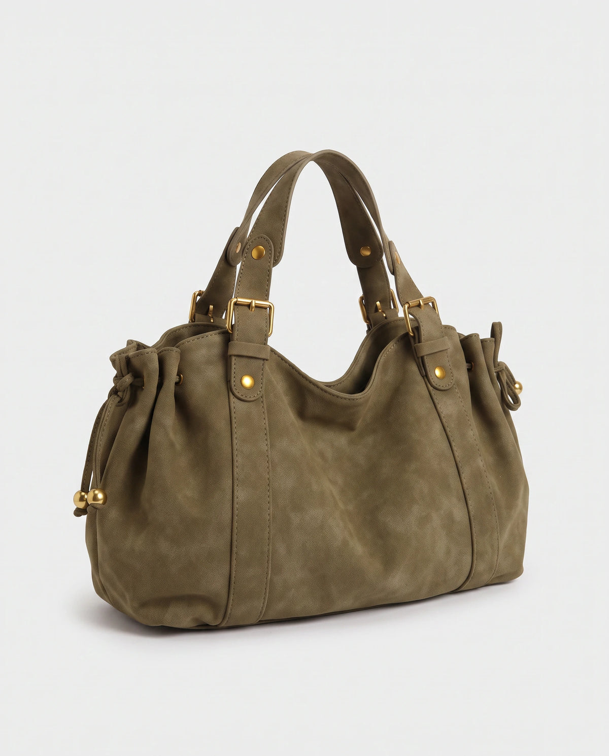 Grand sac à main de cours bowling en suédine Océane coloris Kaki, packshot studio de trois quarts, anses courtes