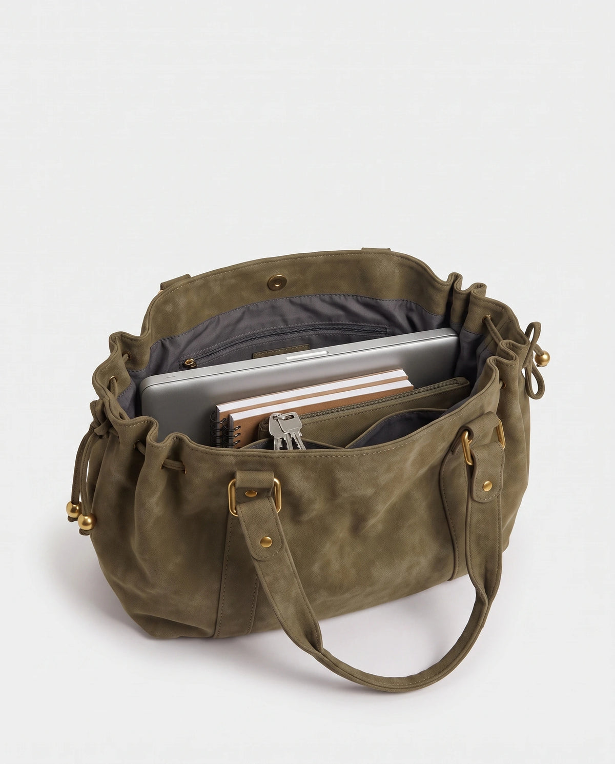 Grand sac à main de cours bowling en suédine Océane coloris Kaki, intérieur avec ordinateur portable et cahiers A4