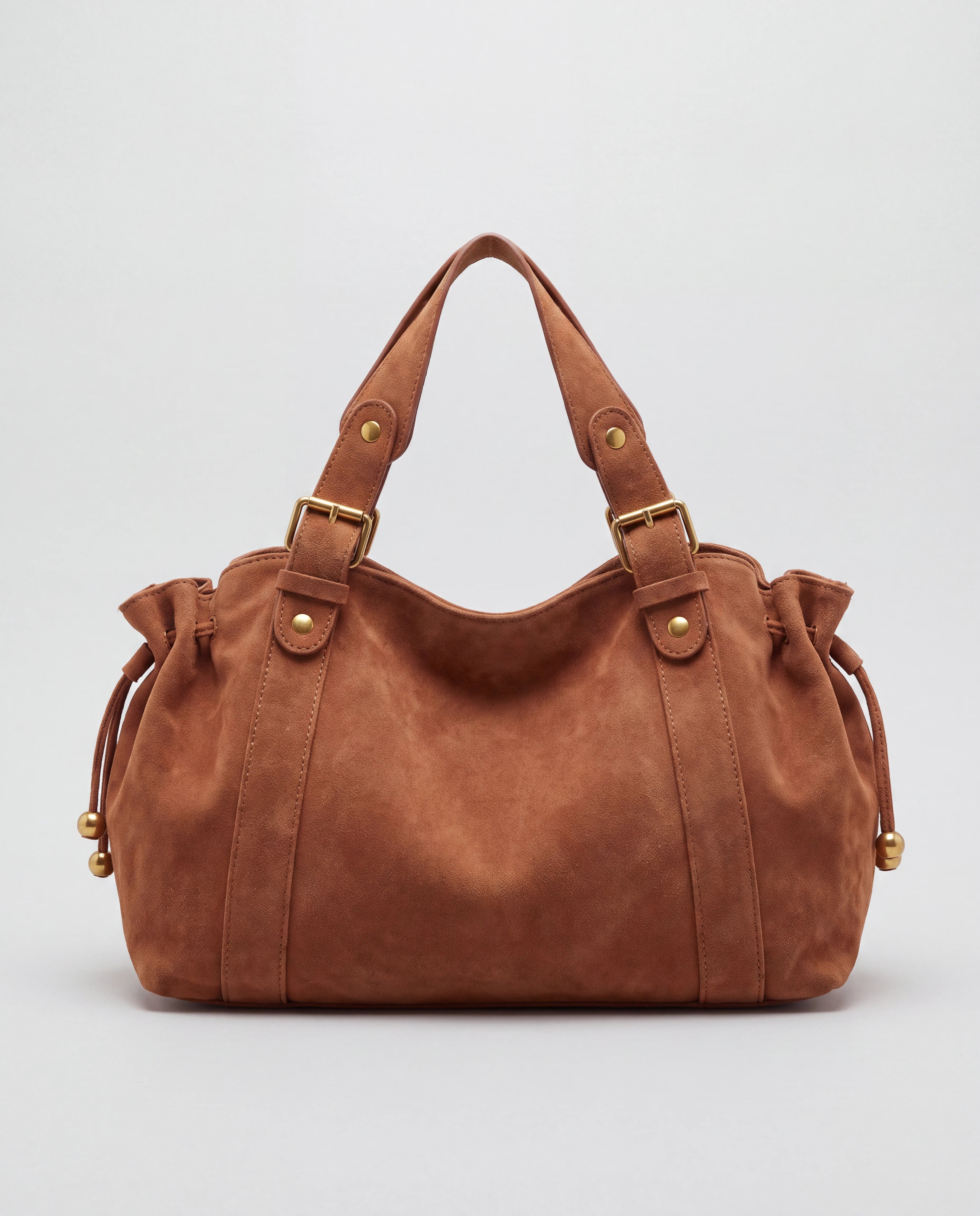 Grand sac à main de cours bowling en suédine Océane coloris Marron, packshot studio de trois quarts