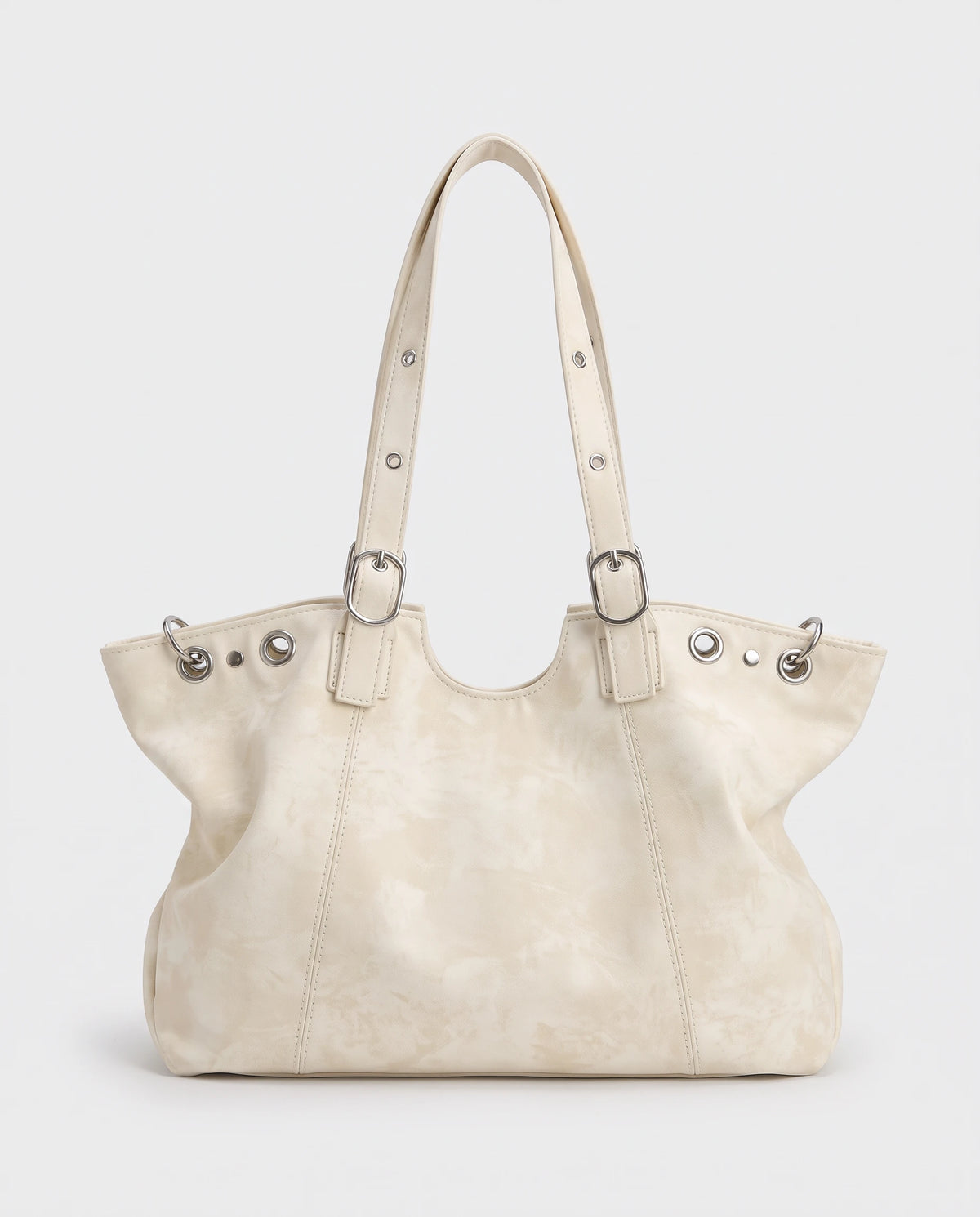 Grand sac à main cabas hobo vintage à œillets Billie coloris Blanc Cassé, packshot studio de face