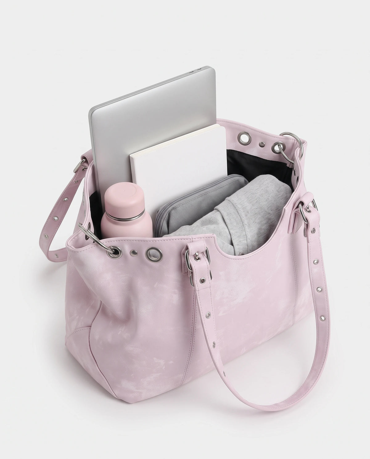 Grand sac à main cabas hobo vintage à œillets Billie coloris Rose Poudré, intérieur avec ordinateur portable et cahier A4