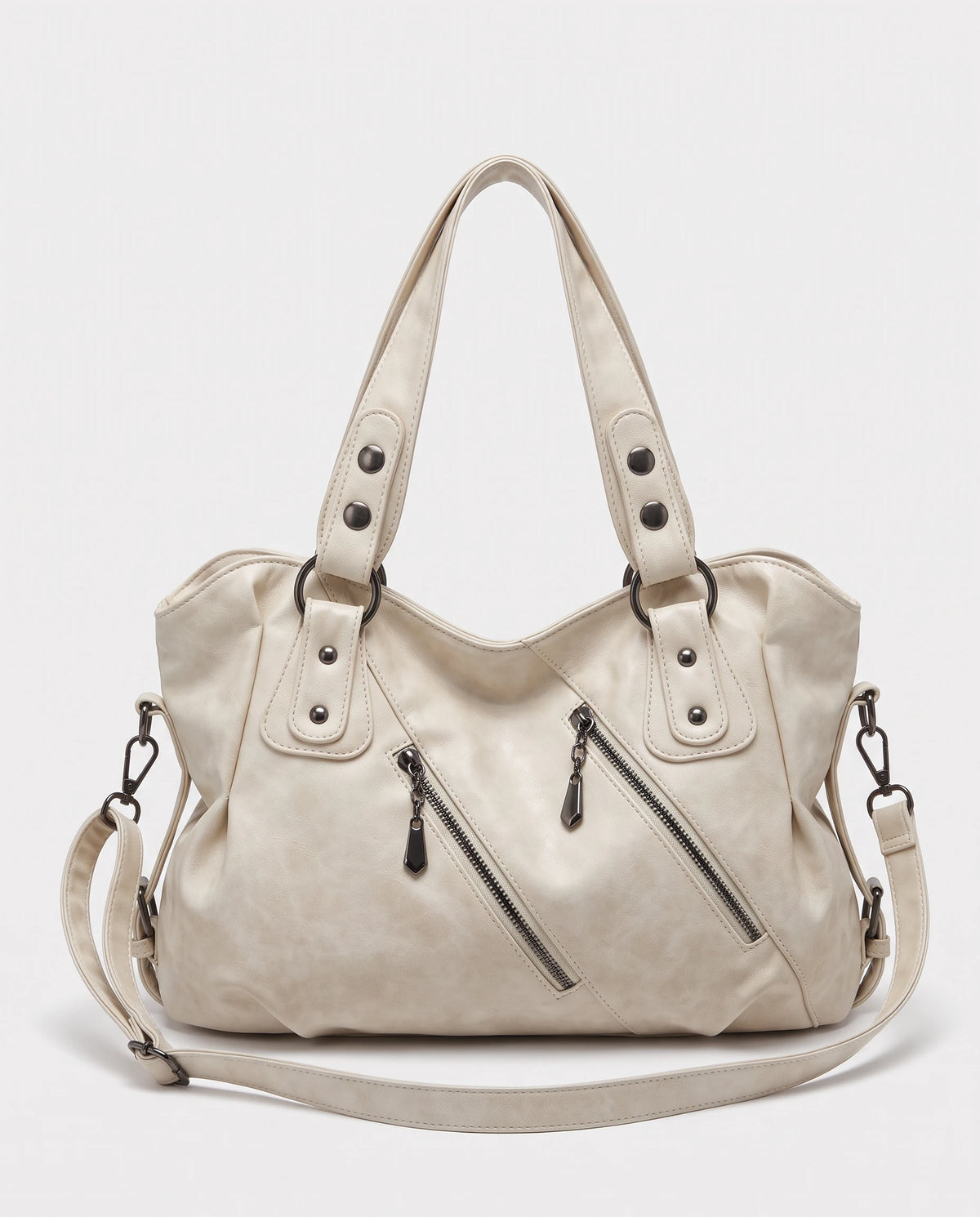 Grand sac à main hobo bandoulière style motard à zips Thelma coloris Blanc Cassé, packshot studio de face