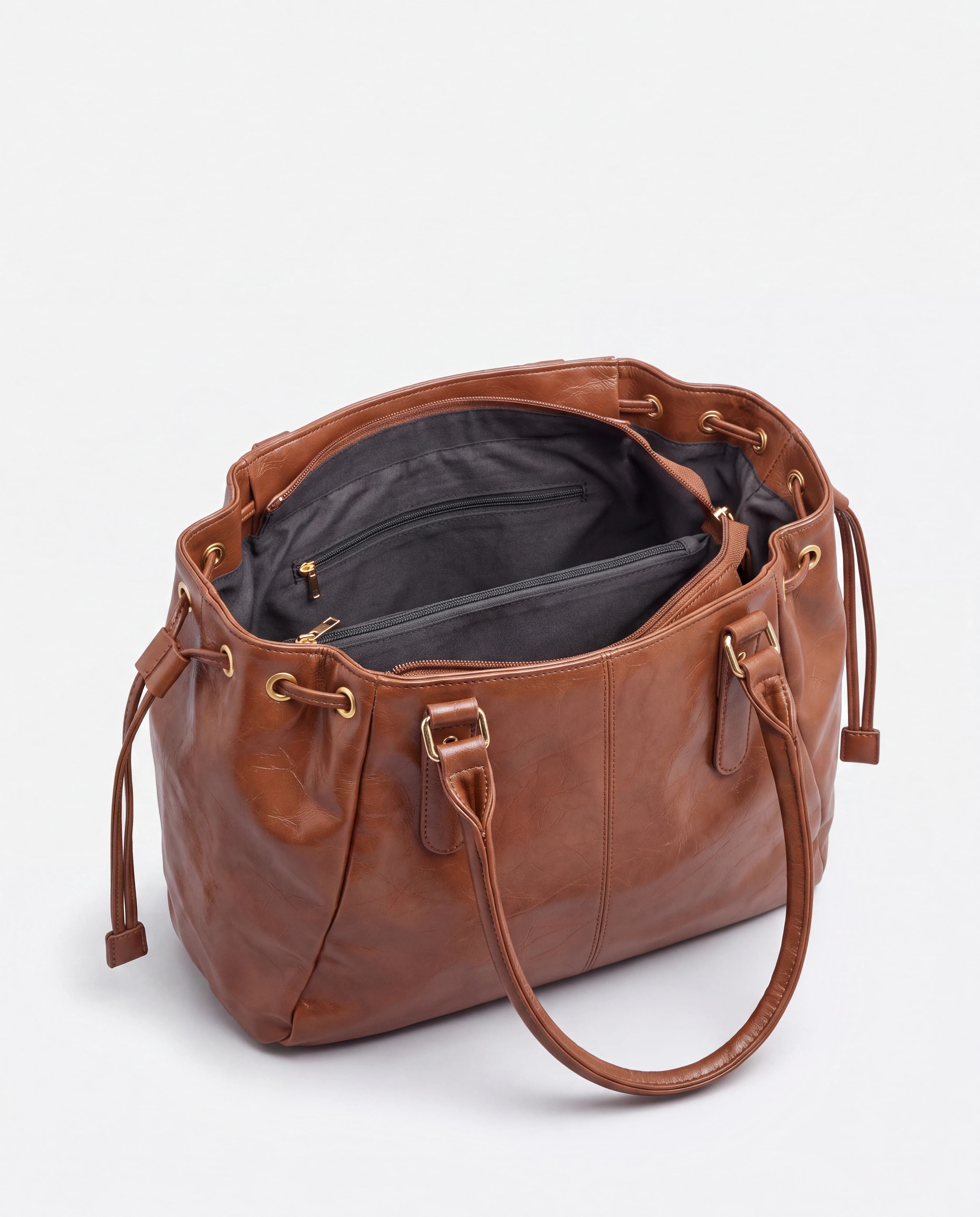 Grand sac à main de cours en simili lisse brillant Vanina coloris Marron — intérieur vide, doublure et séparateur zippé