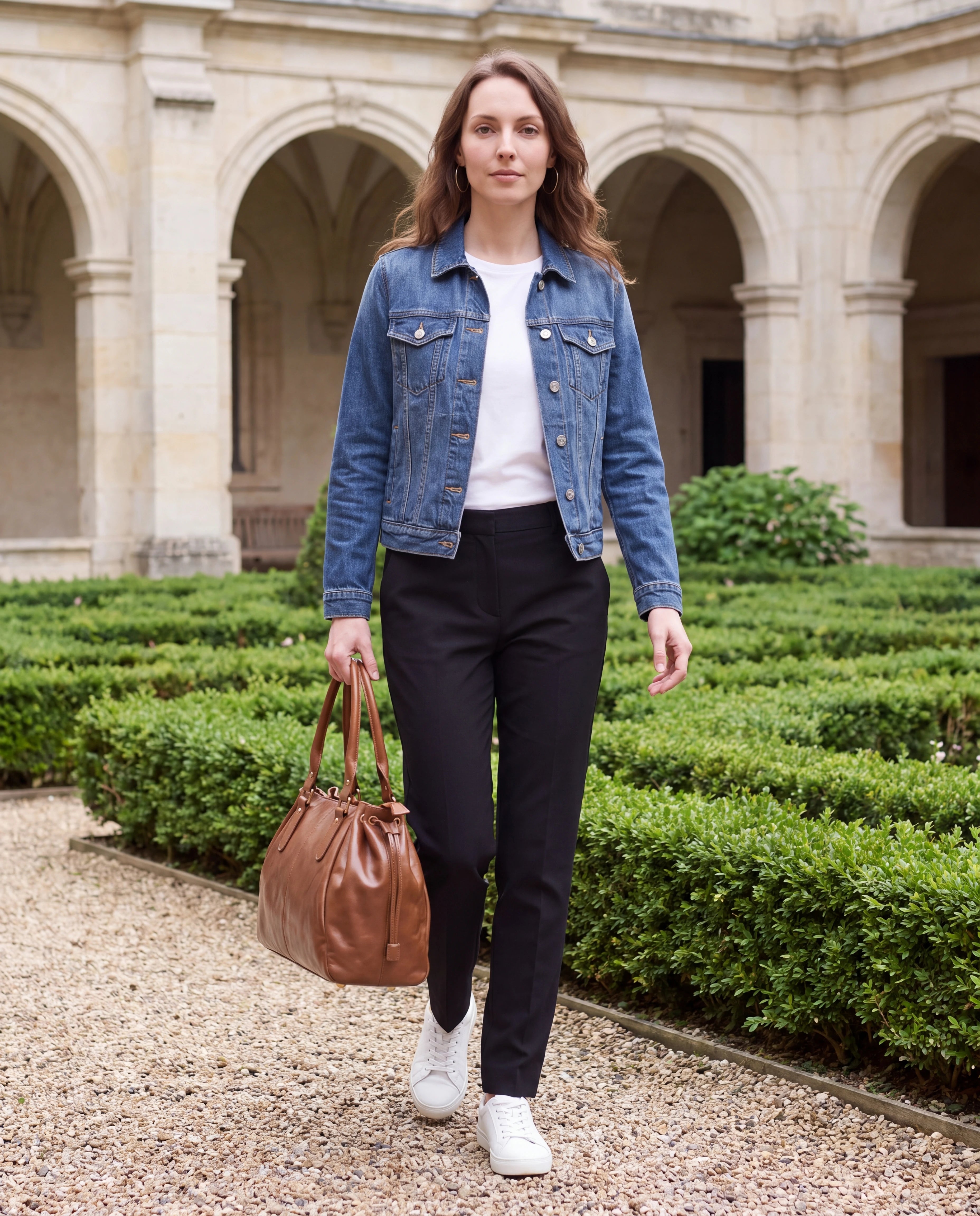 Grand sac à main de cours en simili lisse brillant Vanina coloris Marron — porté dans un jardin de cloître