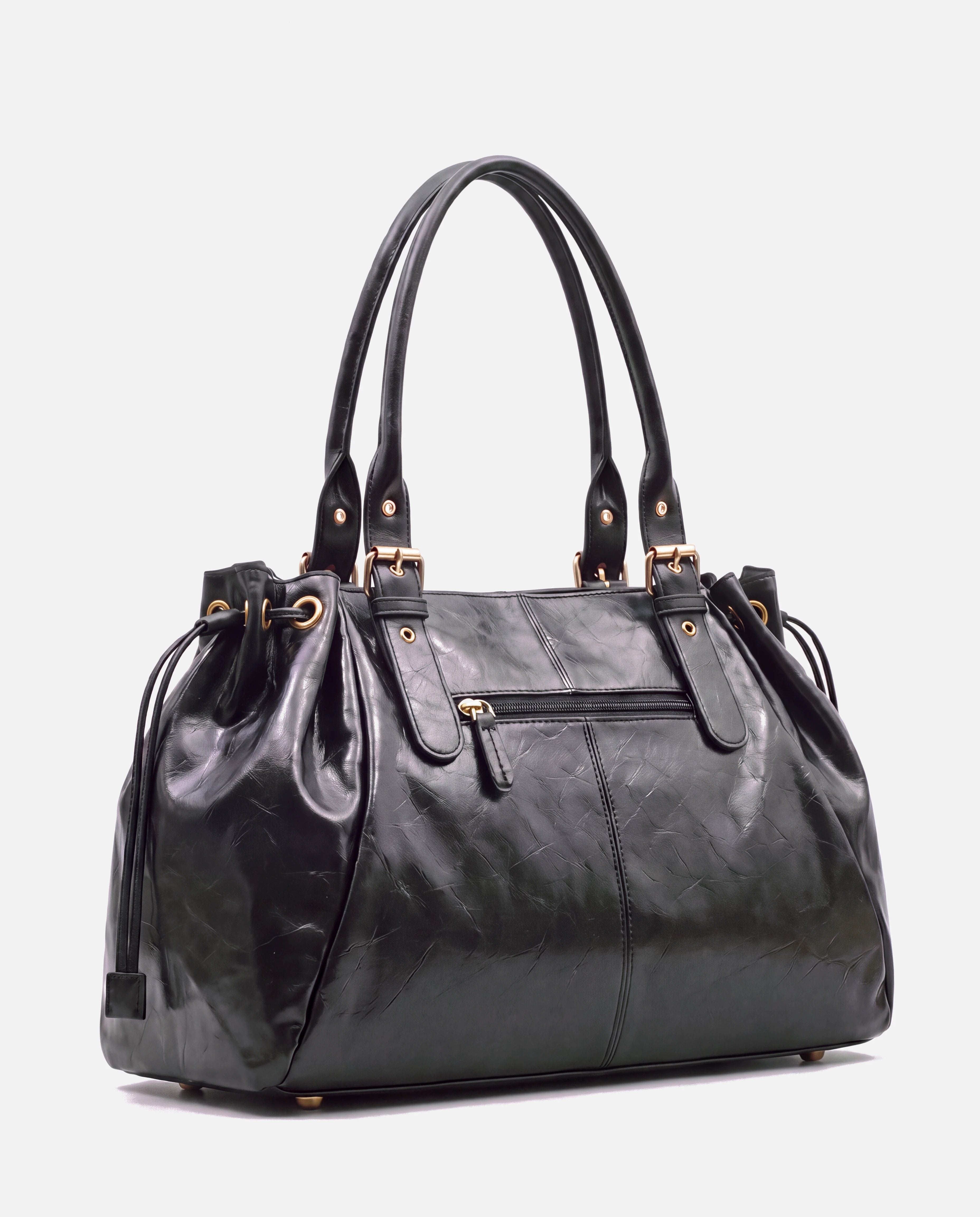 Grand sac à main de cours en simili lisse brillant Vanina coloris Noir — vue de dos, poche extérieure zippée et pieds dorés