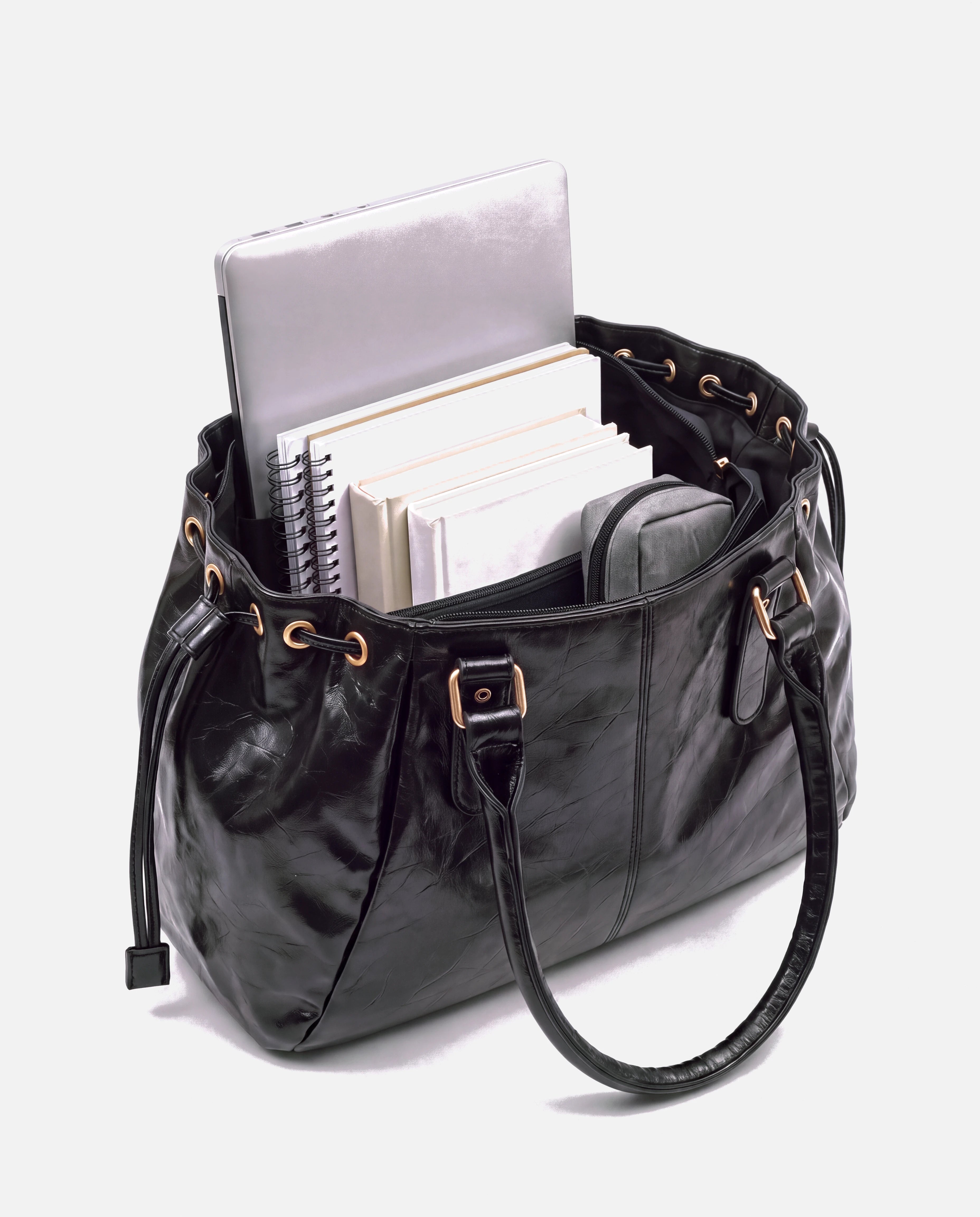 Grand sac à main de cours en simili lisse brillant Vanina coloris Noir — intérieur avec ordinateur portable, cahiers A4 et livres