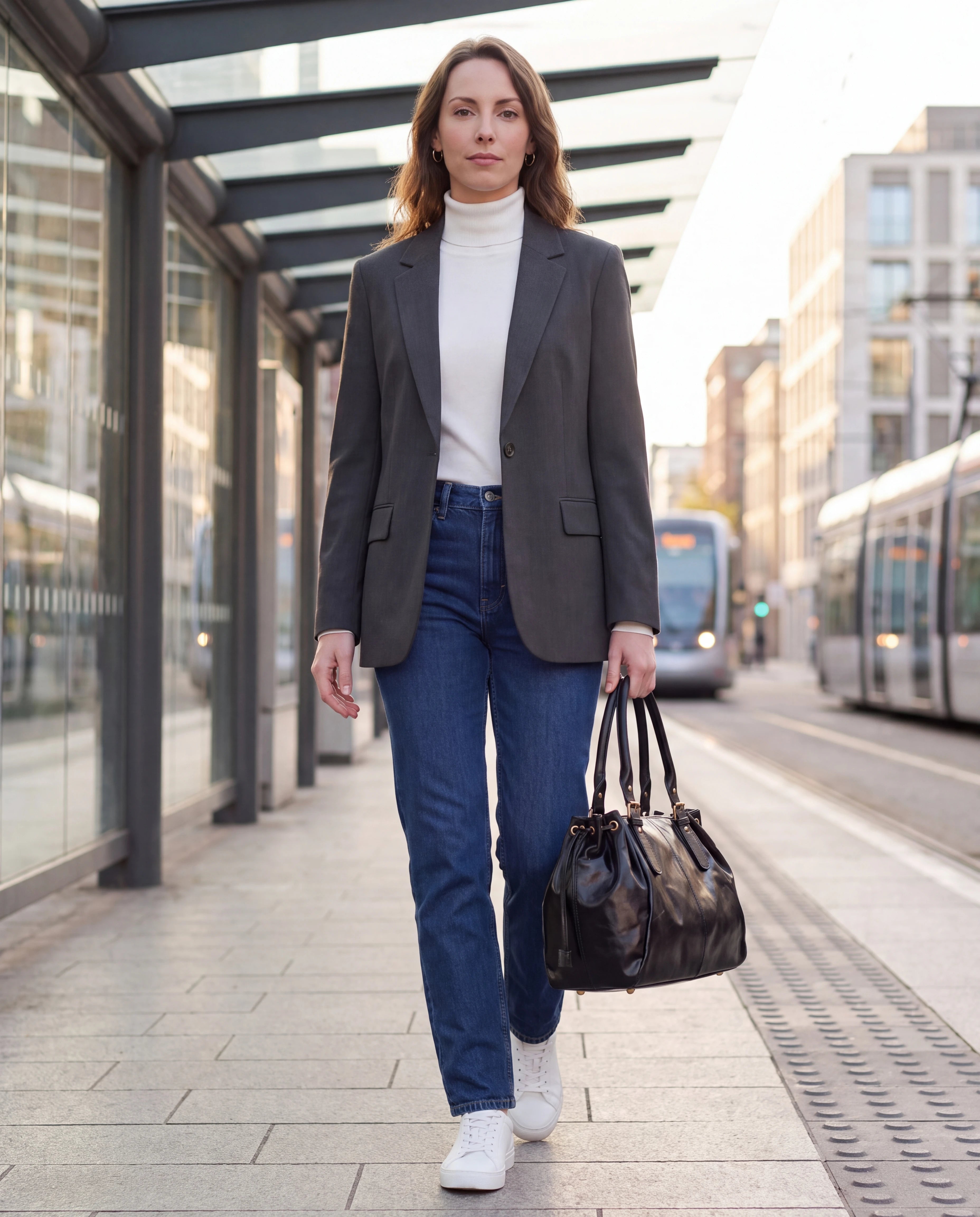 Grand sac à main de cours en simili lisse brillant Vanina coloris Noir — porté sur un quai de tramway
