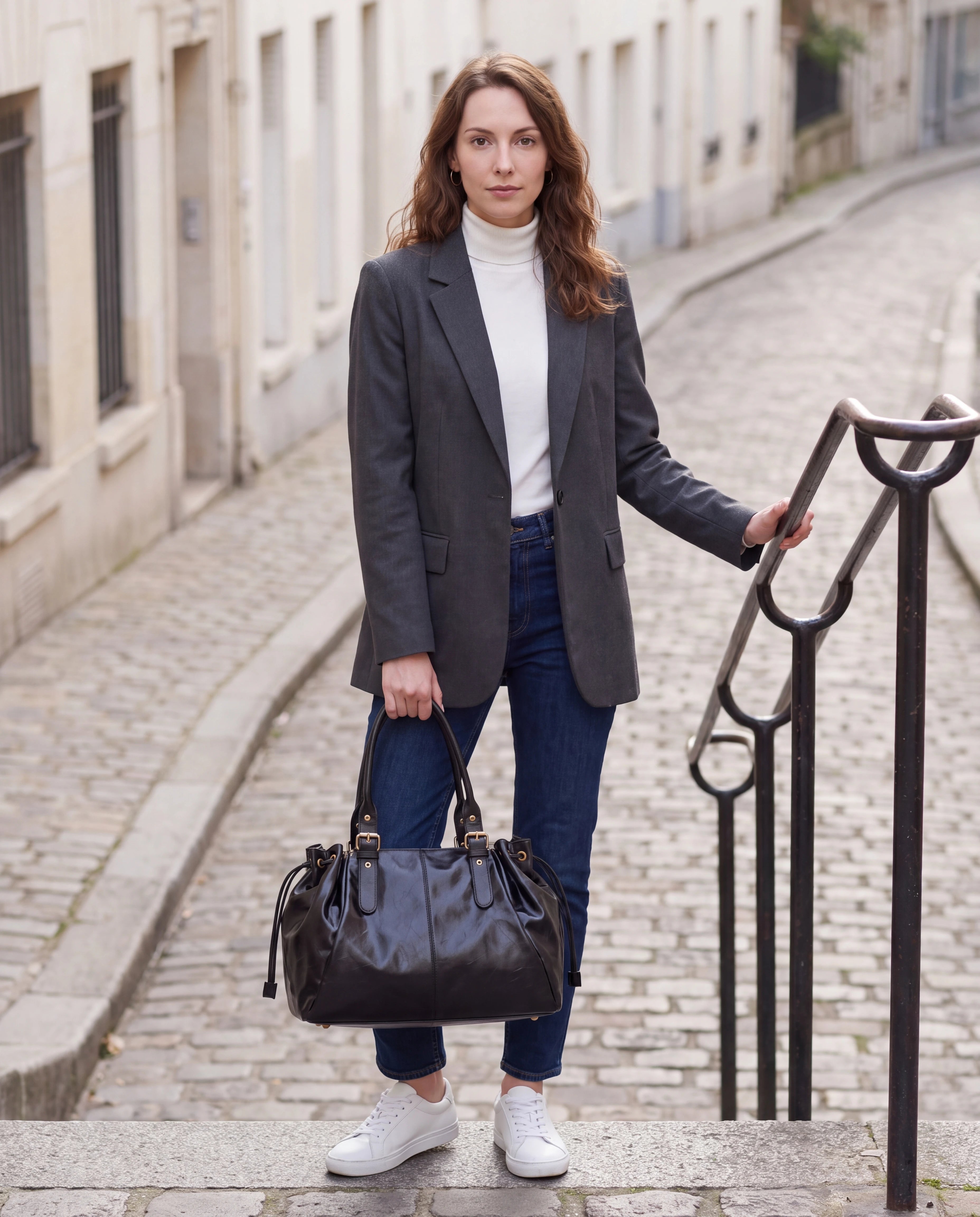 Grand sac à main de cours en simili lisse brillant Vanina coloris Noir — porté dans une rue pavée en pente