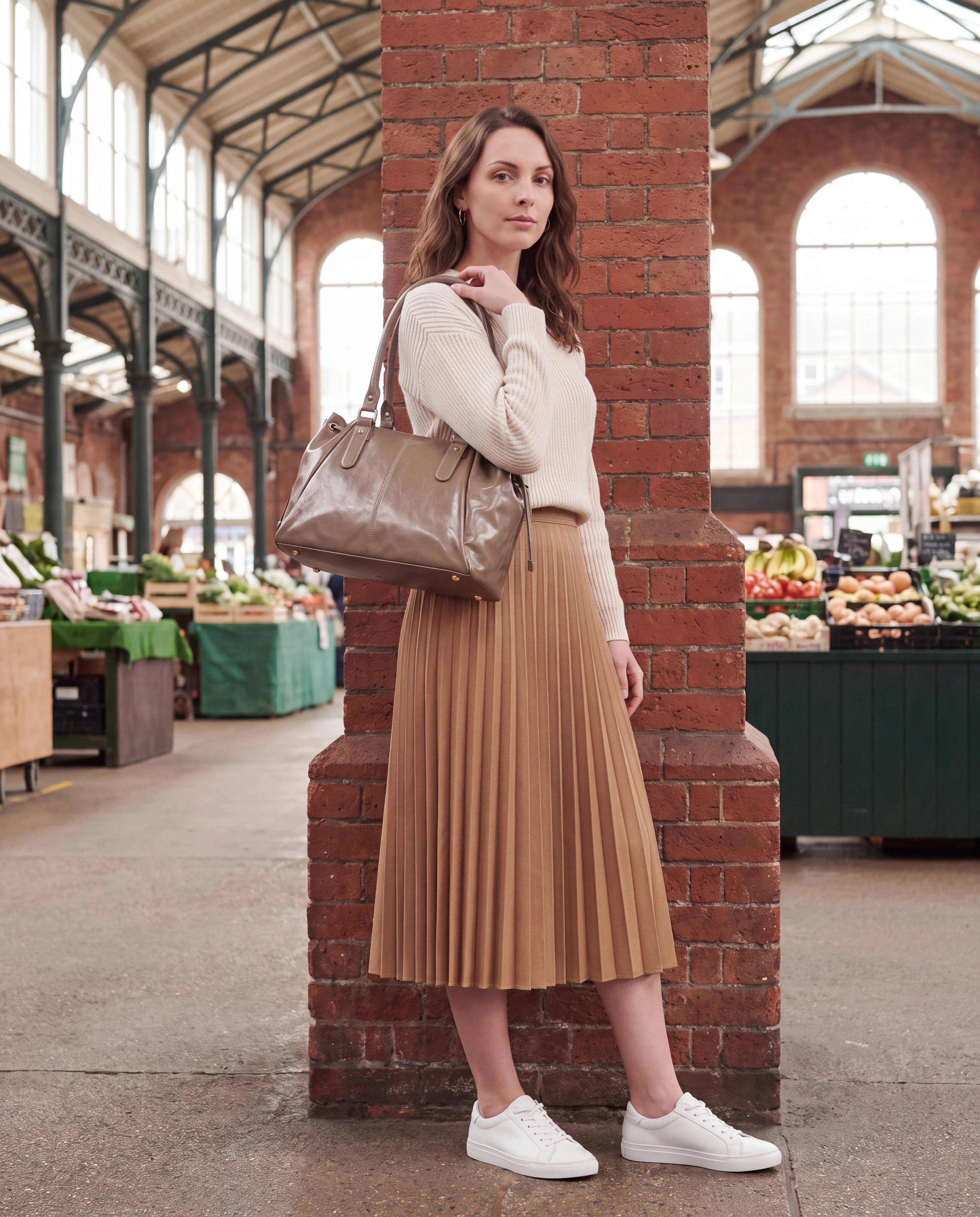 Grand sac à main de cours en simili lisse brillant Vanina coloris Taupe — porté dans une halle de marché couverte