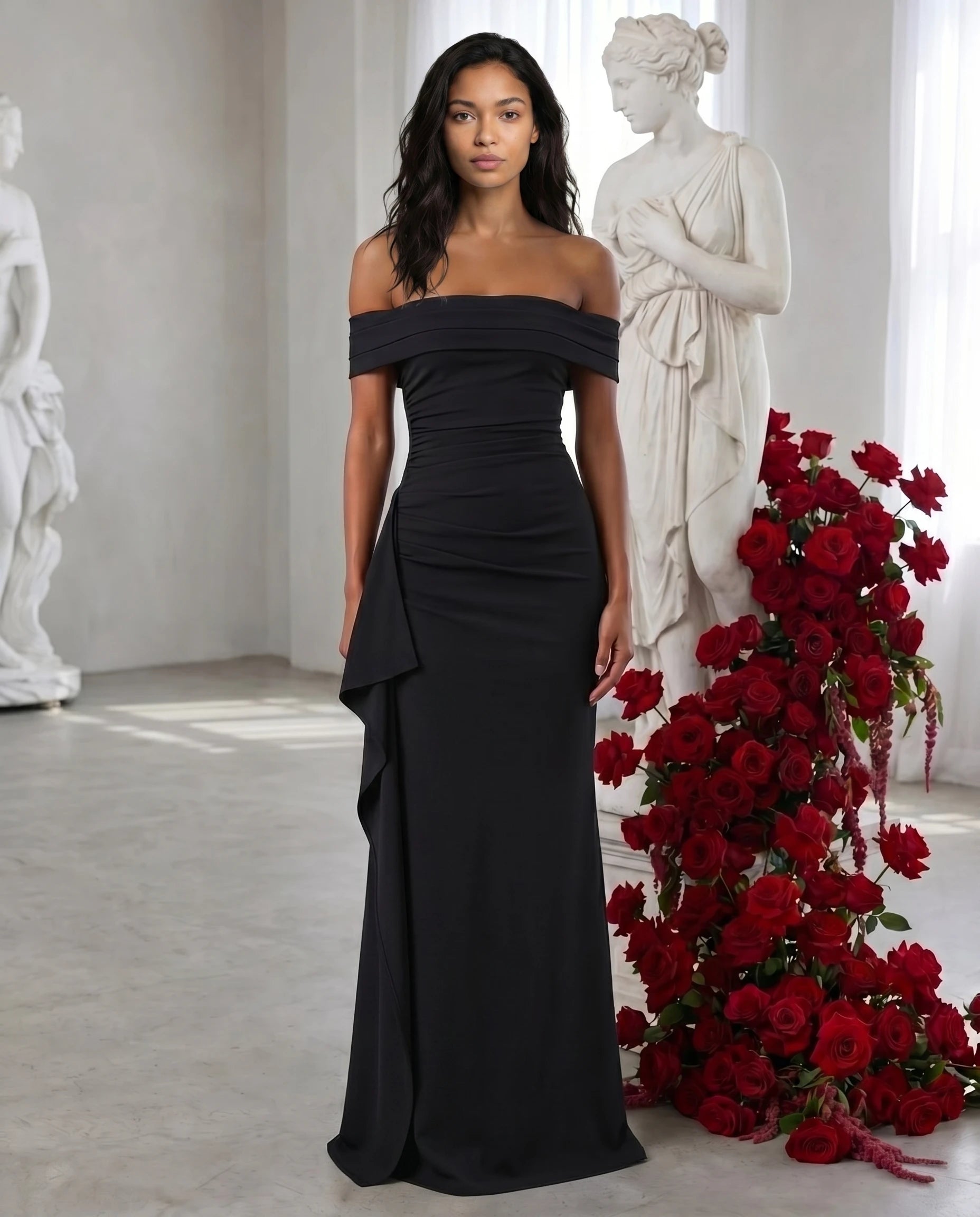 Robe longue noire bardot drapée — lifestyle sculpture face diane