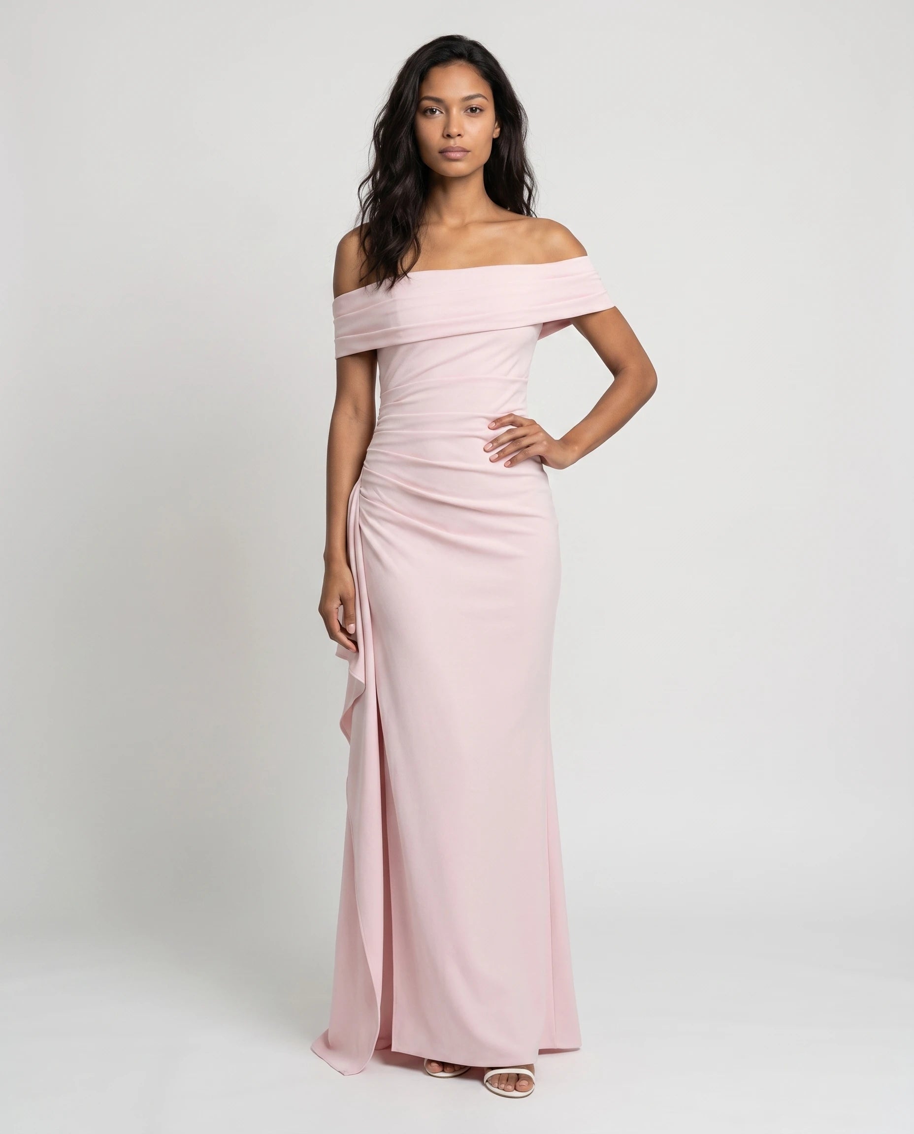 Robe longue noire bardot drapée — studio variation diane