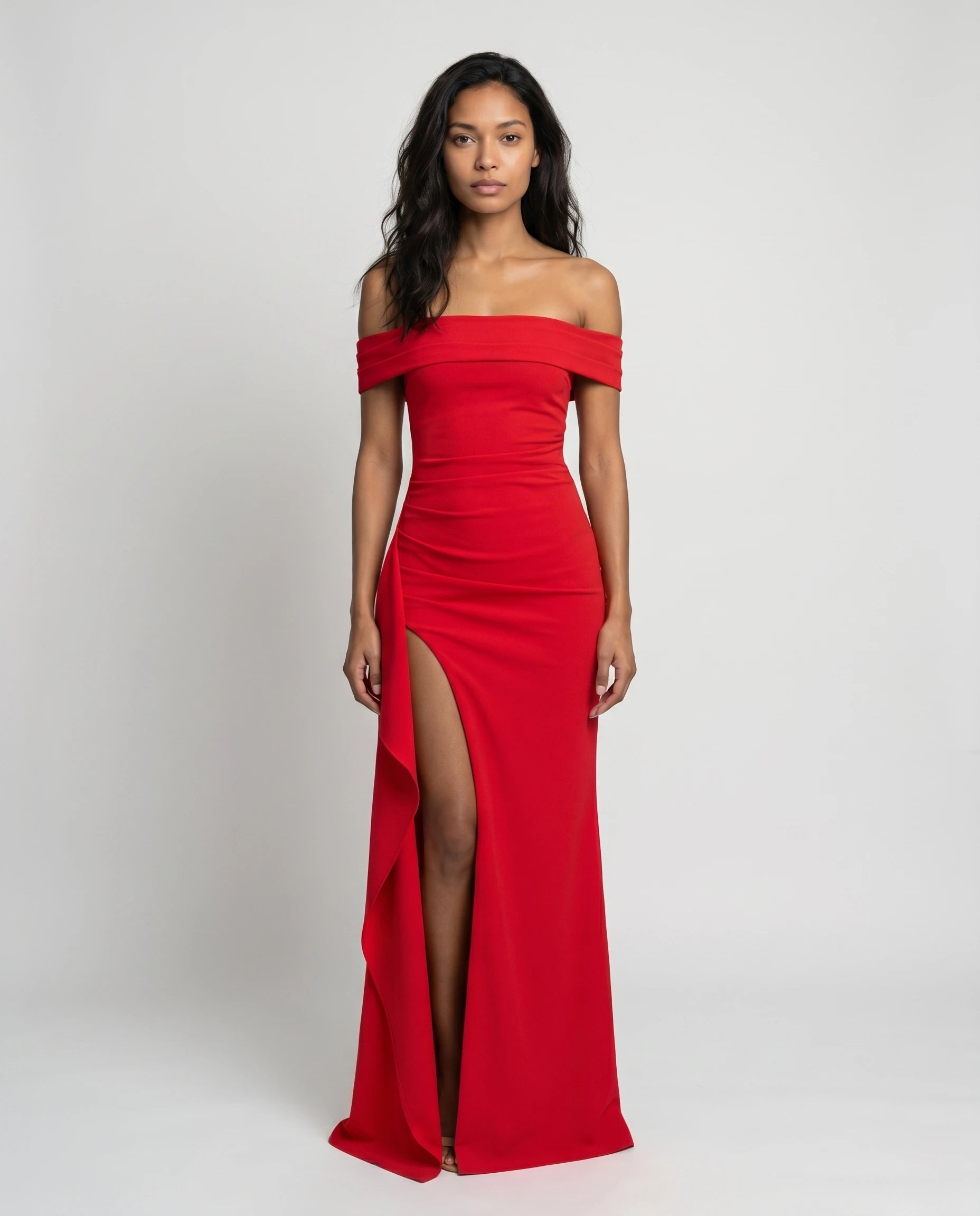 Robe longue noire bardot drapée — studio frontal diane