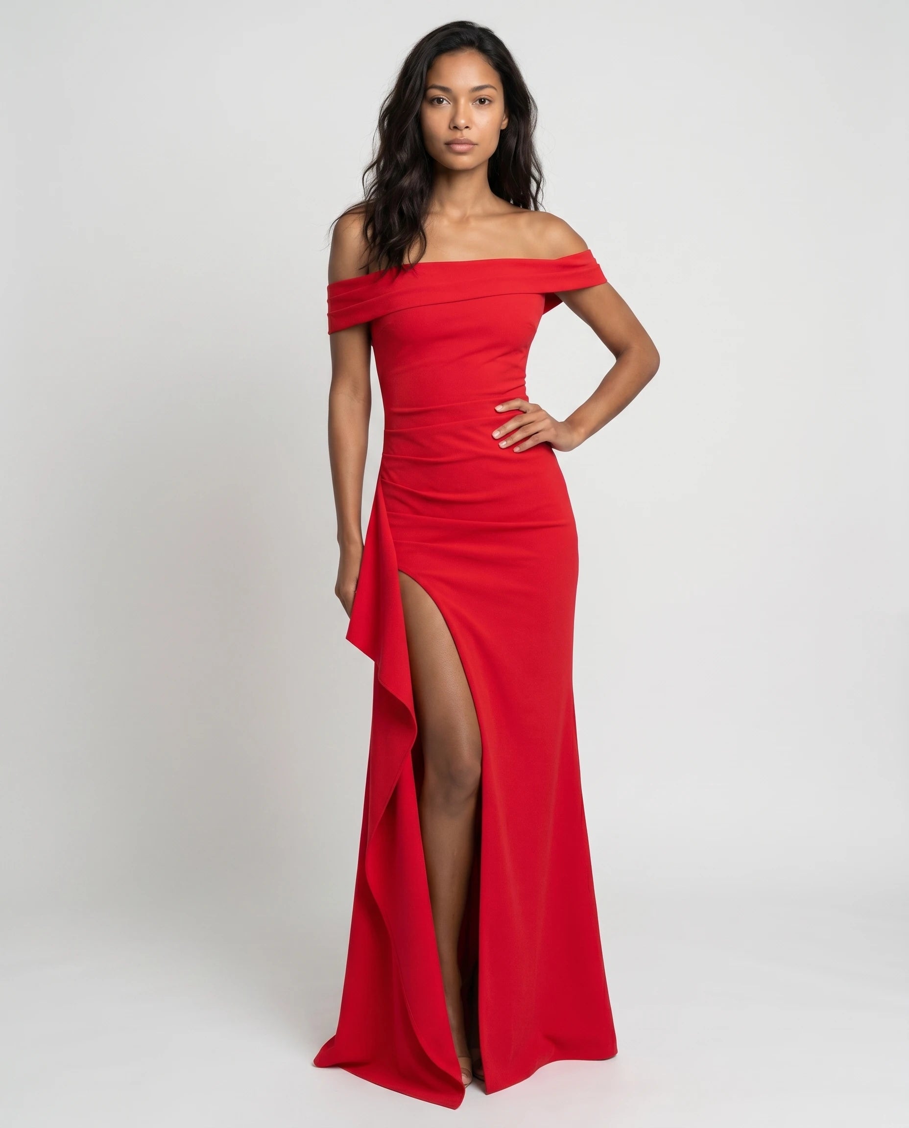 Robe longue noire bardot drapée — studio variation diane