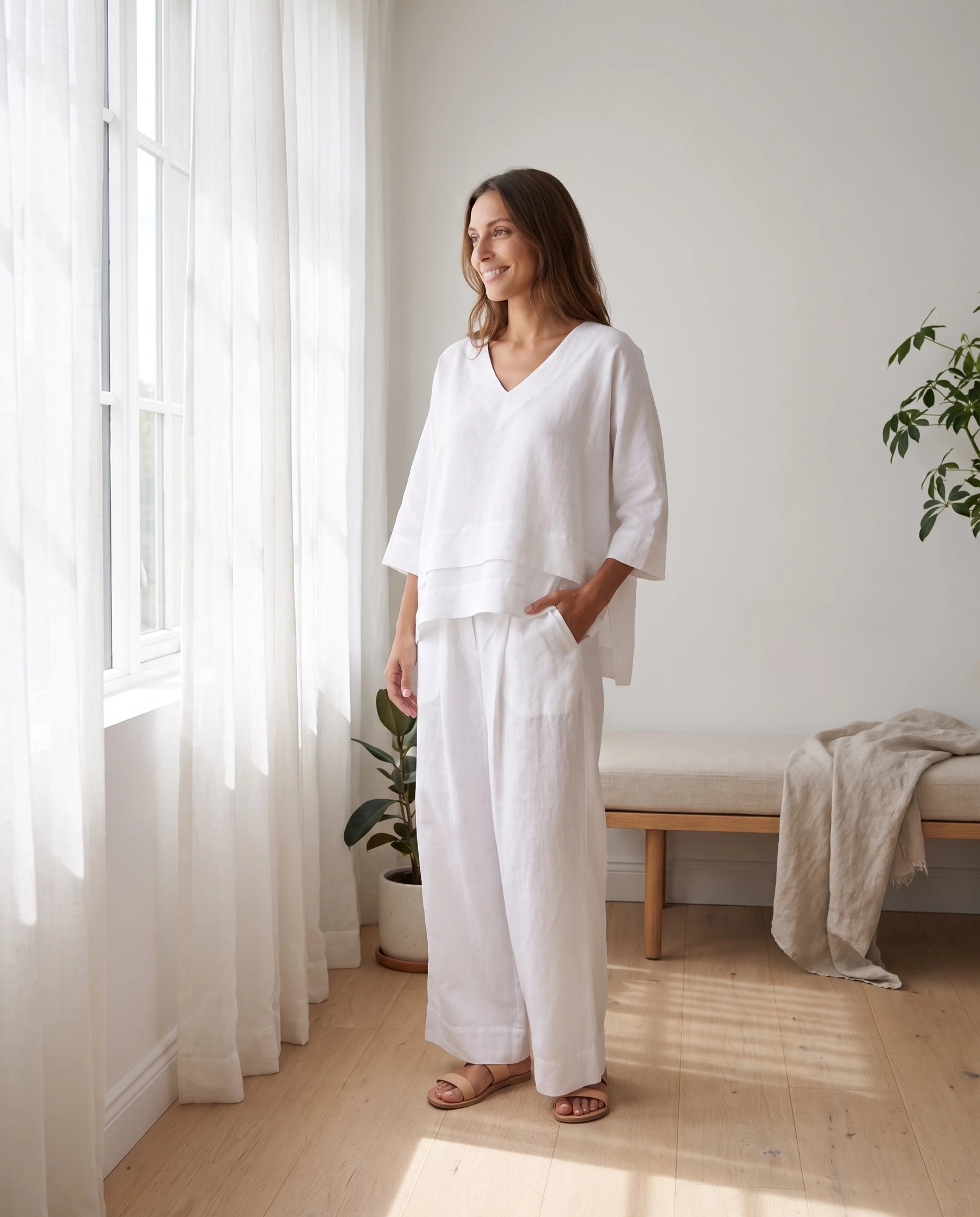 Ensemble top col V à ourlet superposé et pantalon large Isolde — Blanc — portée, lifestyle