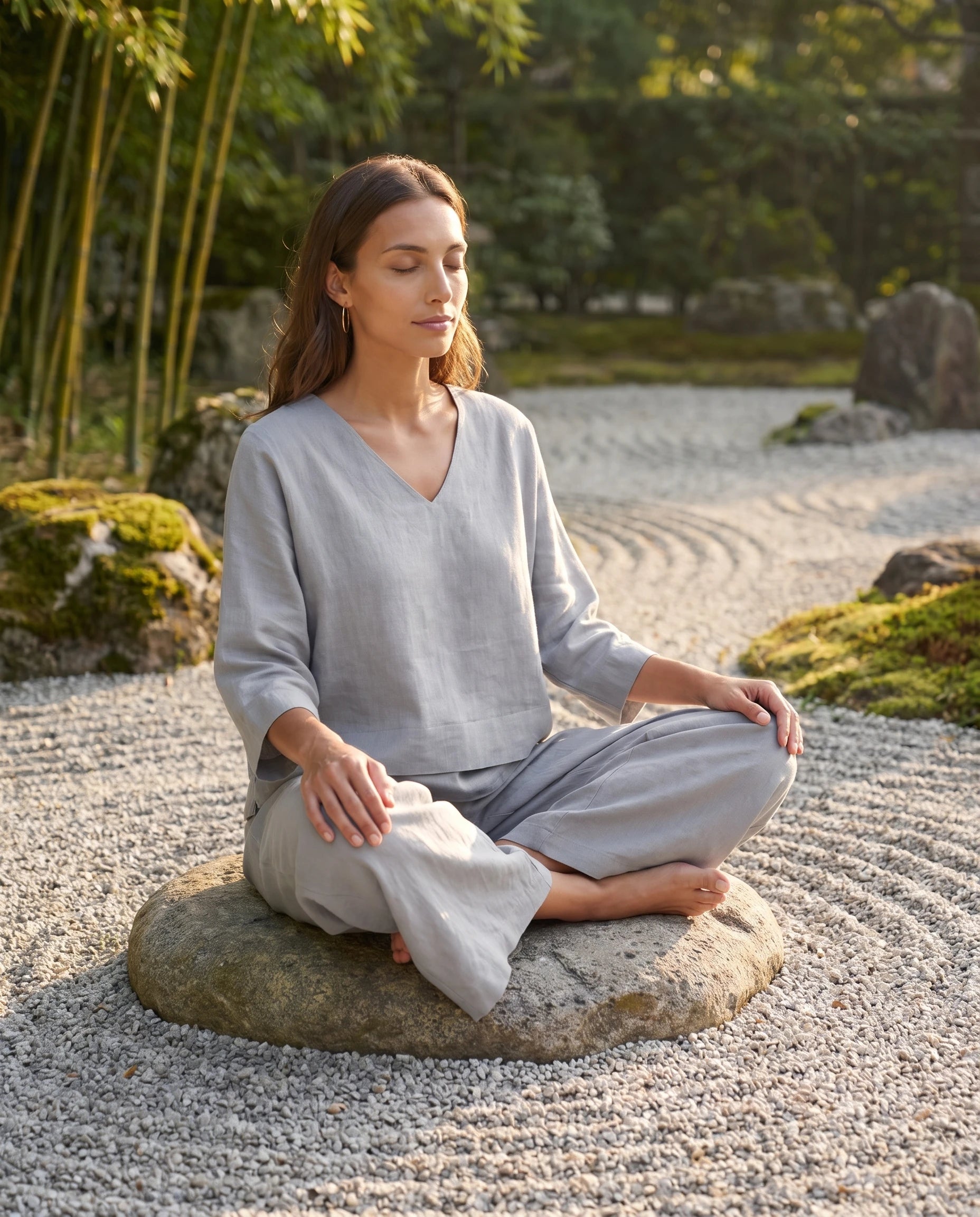 Ensemble top col V à ourlet superposé et pantalon large Isolde — Gris — portée, lifestyle 2