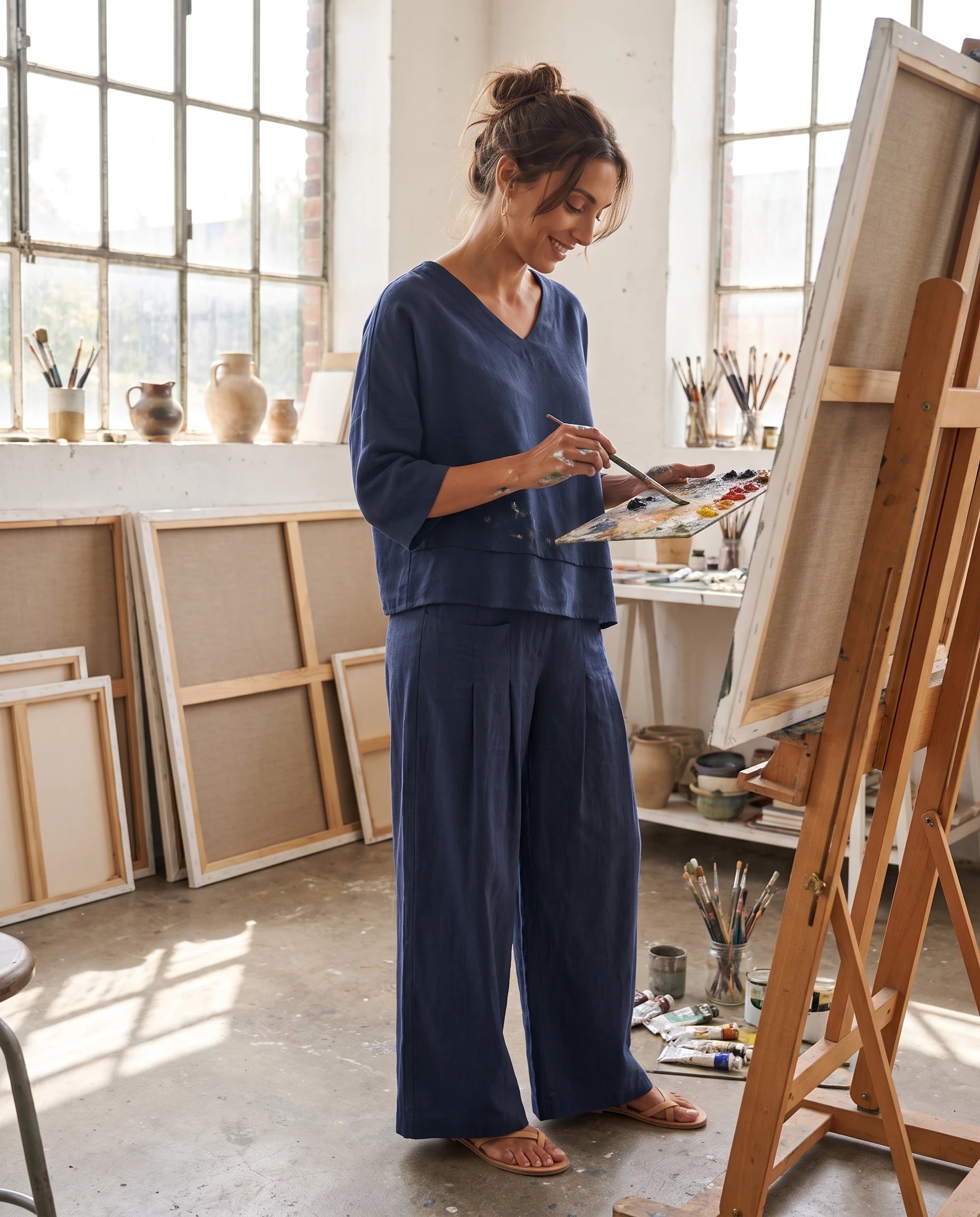 Ensemble top col V à ourlet superposé et pantalon large Isolde — Bleu Marine — portée, lifestyle