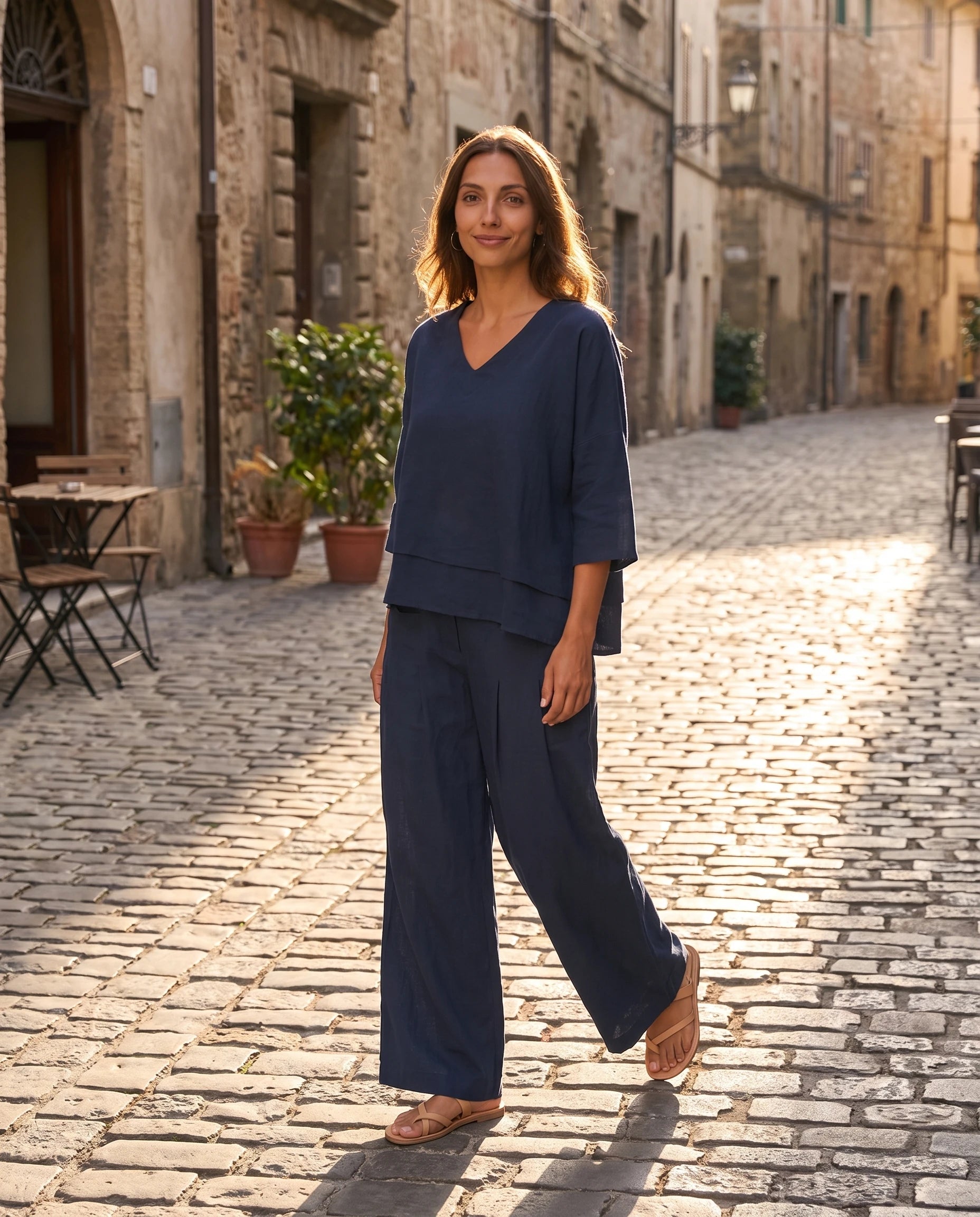 Ensemble top col V à ourlet superposé et pantalon large Isolde — Bleu Marine — portée, lifestyle 2