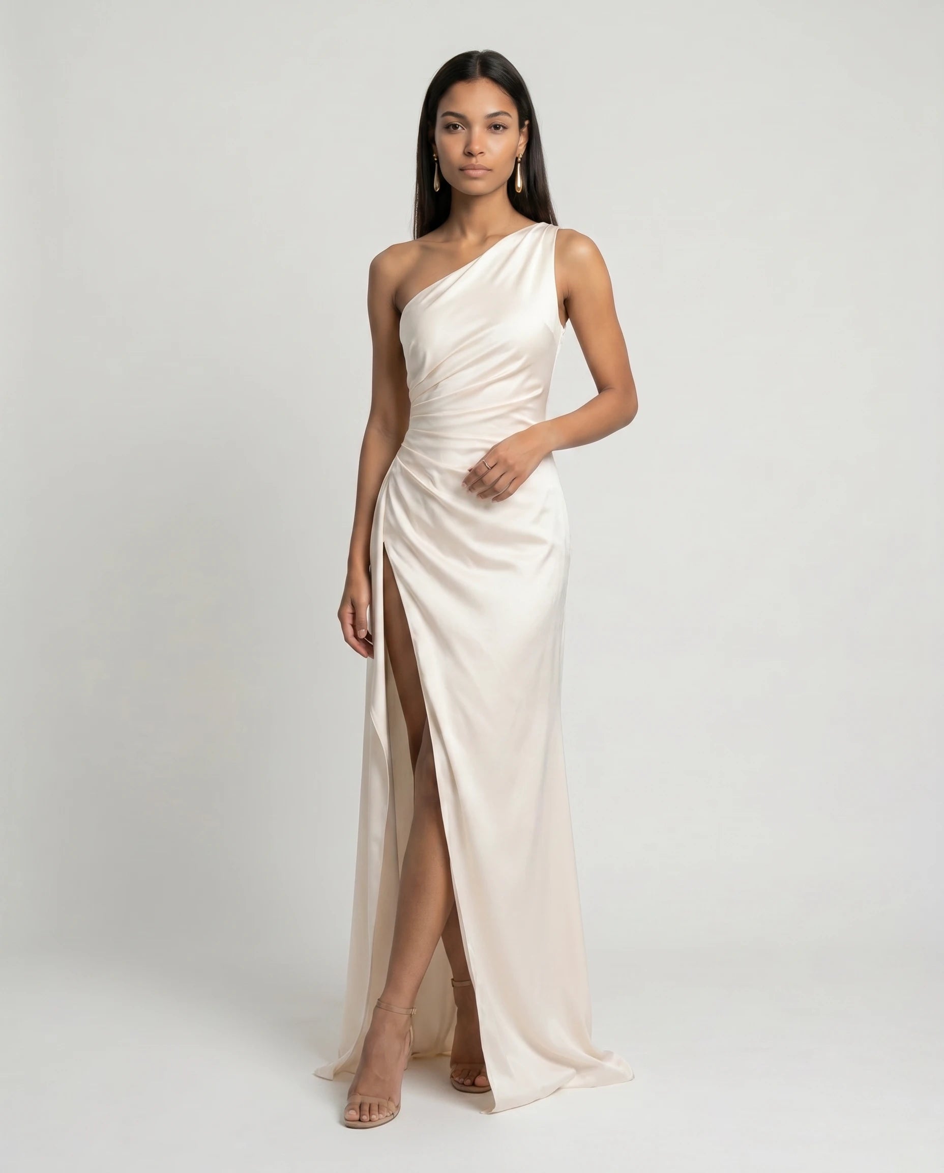 Robe longue en satin une epaule - Ivoire - Ines