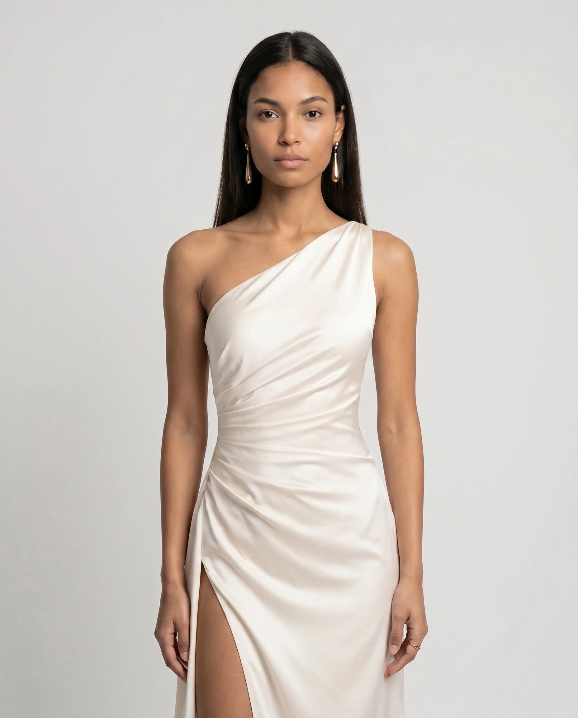Robe longue en satin une epaule - Ivoire - Ines