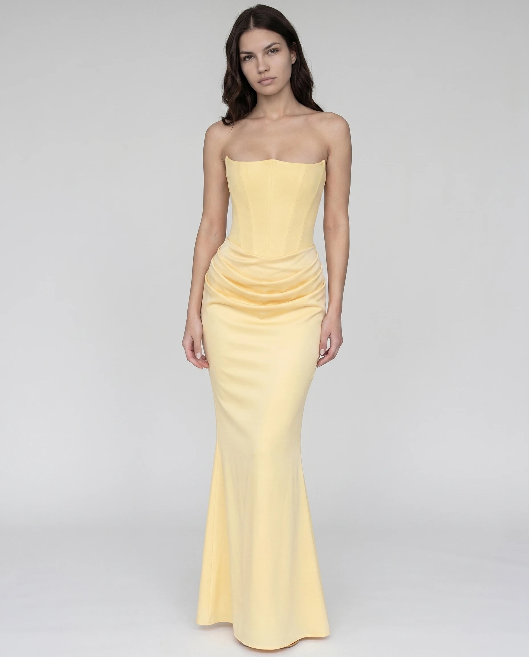 Robe longue corset drapée jaune beurre, vue de face