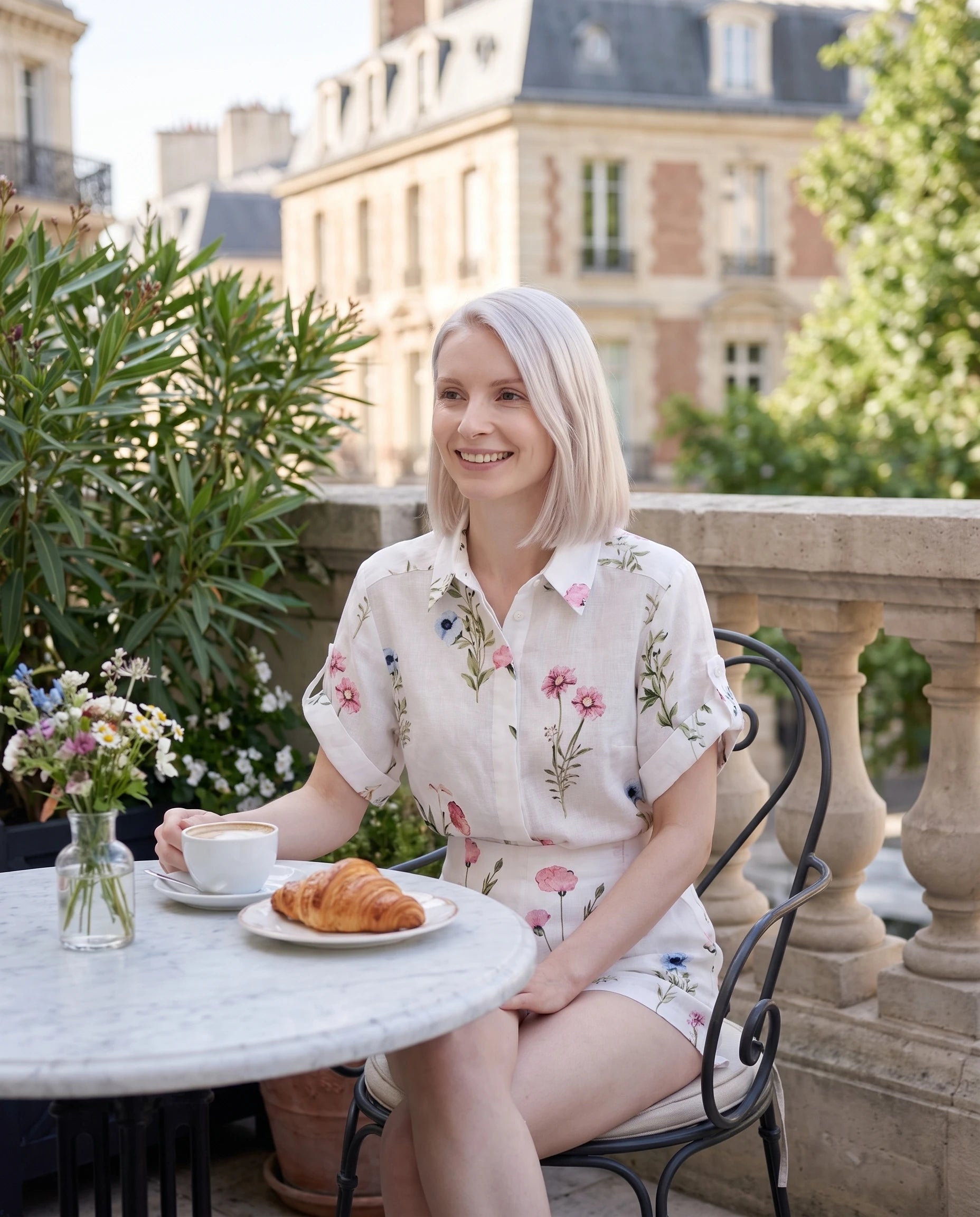 Ensemble chemise fleurie et short taille haute — Josseline — Blanc — en situation