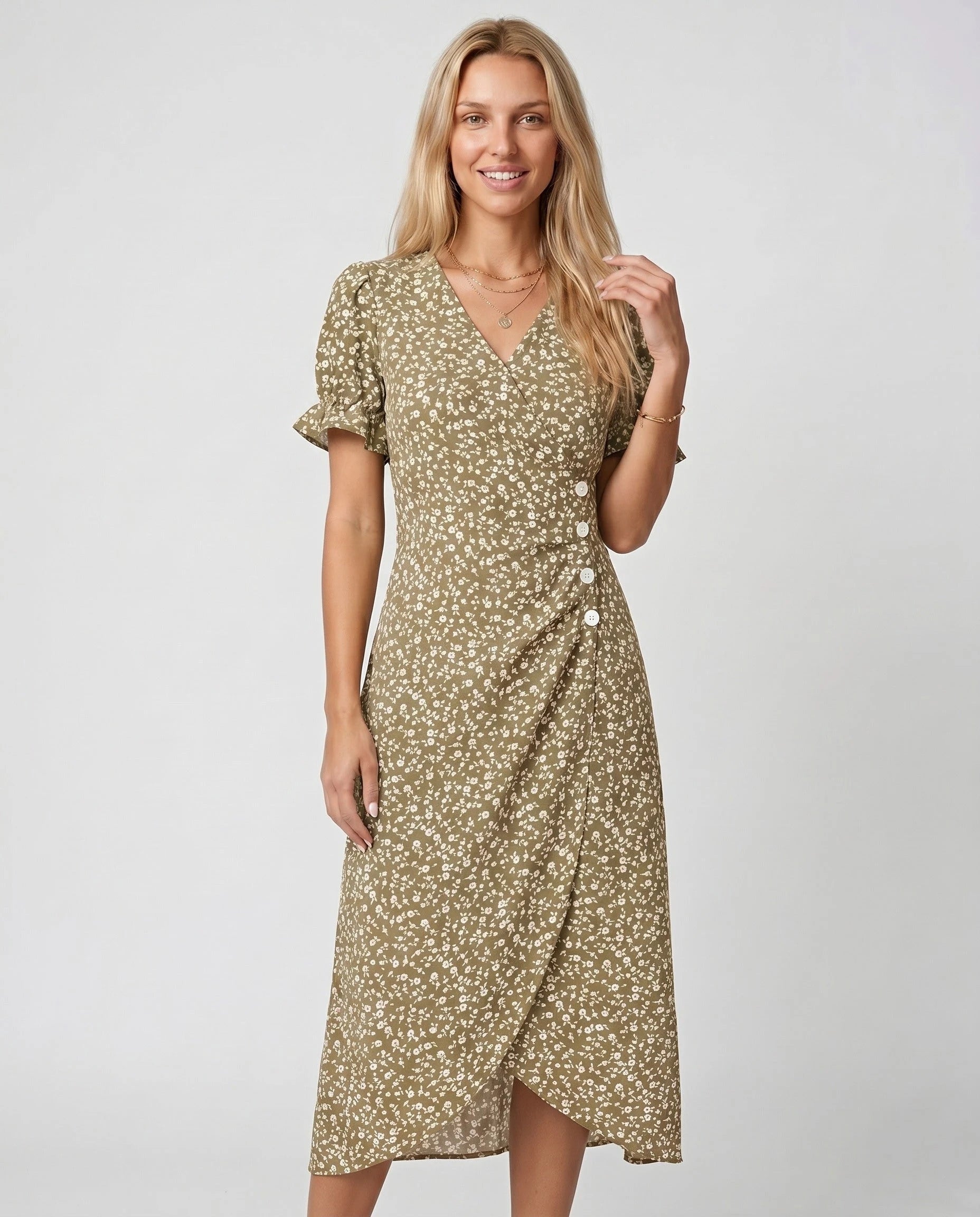 Robe portefeuille fleurie Kaki Sable Zolena