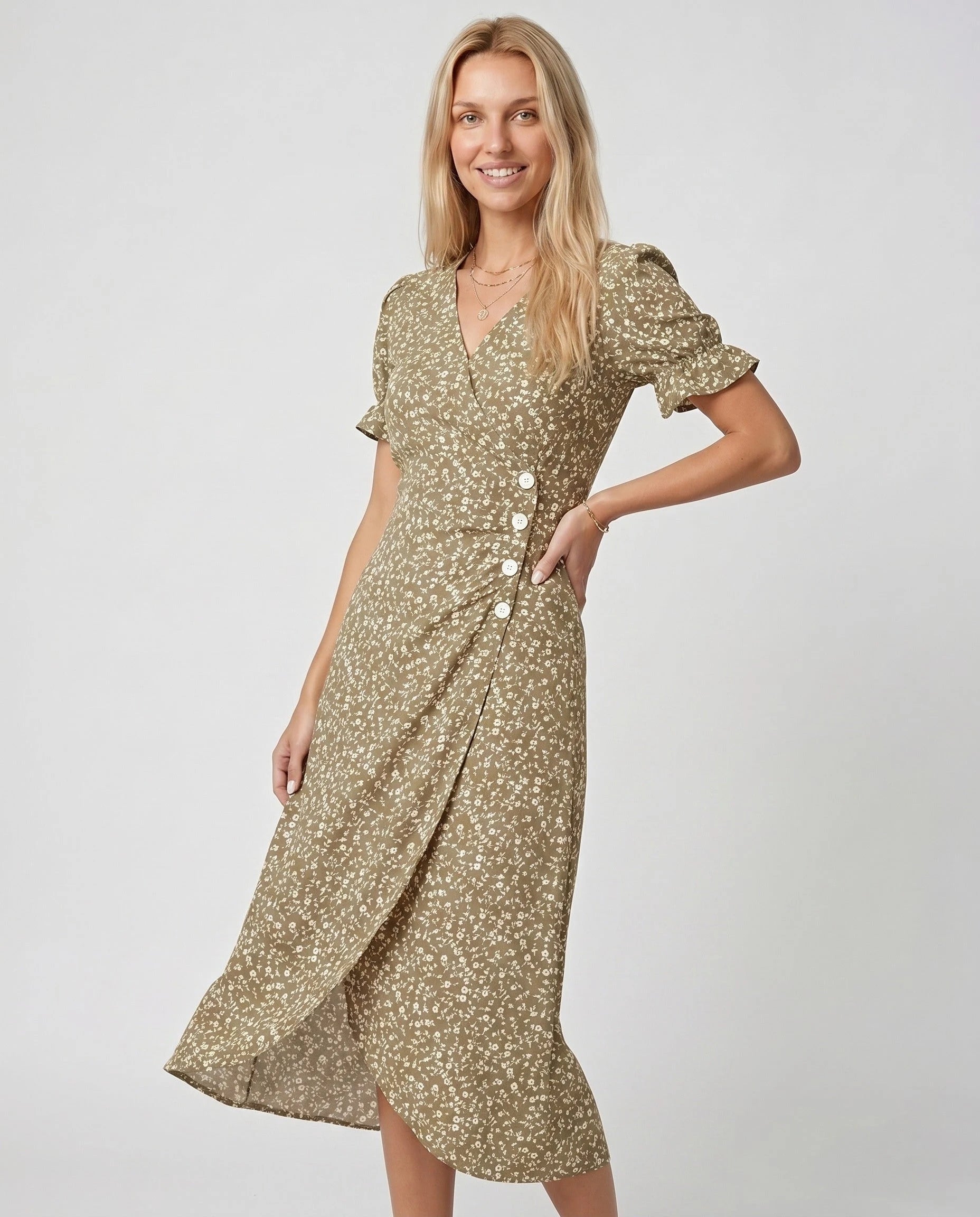 Robe portefeuille fleurie Kaki Sable Zolena