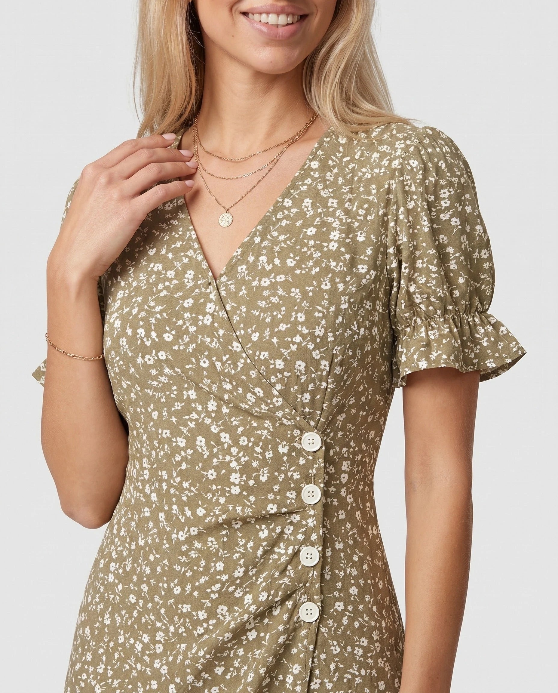 Robe portefeuille fleurie Kaki Sable Zolena