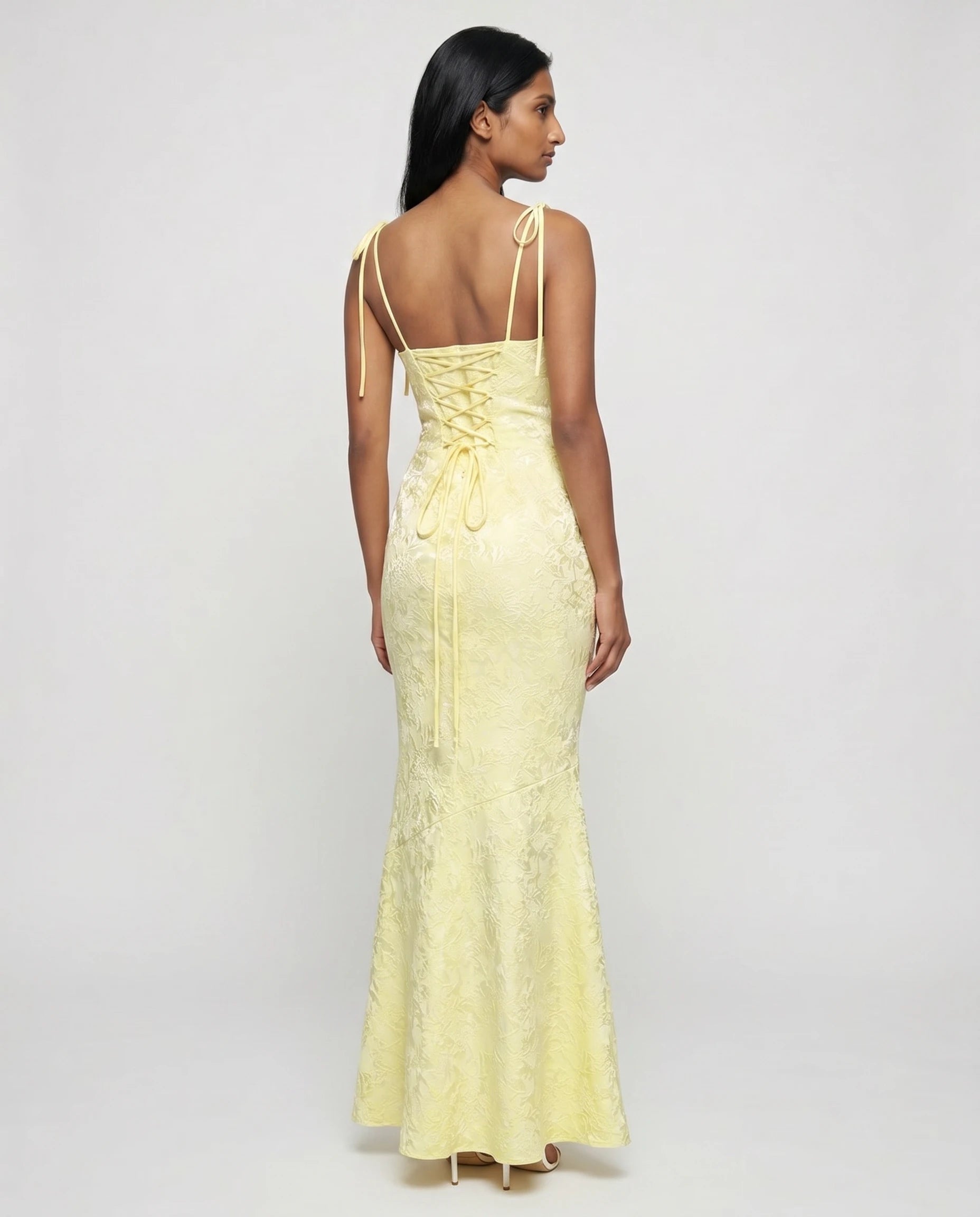 Robe longue jacquard jaune citron dos lacé