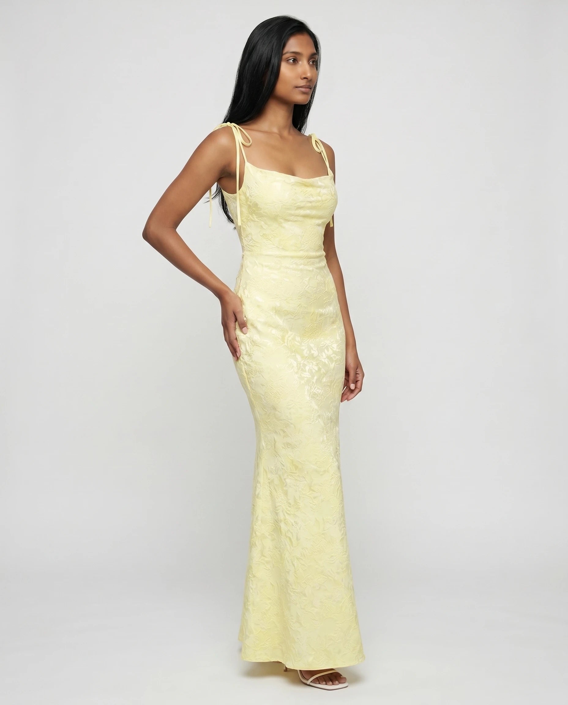 Robe longue jacquard jaune citron trois quarts