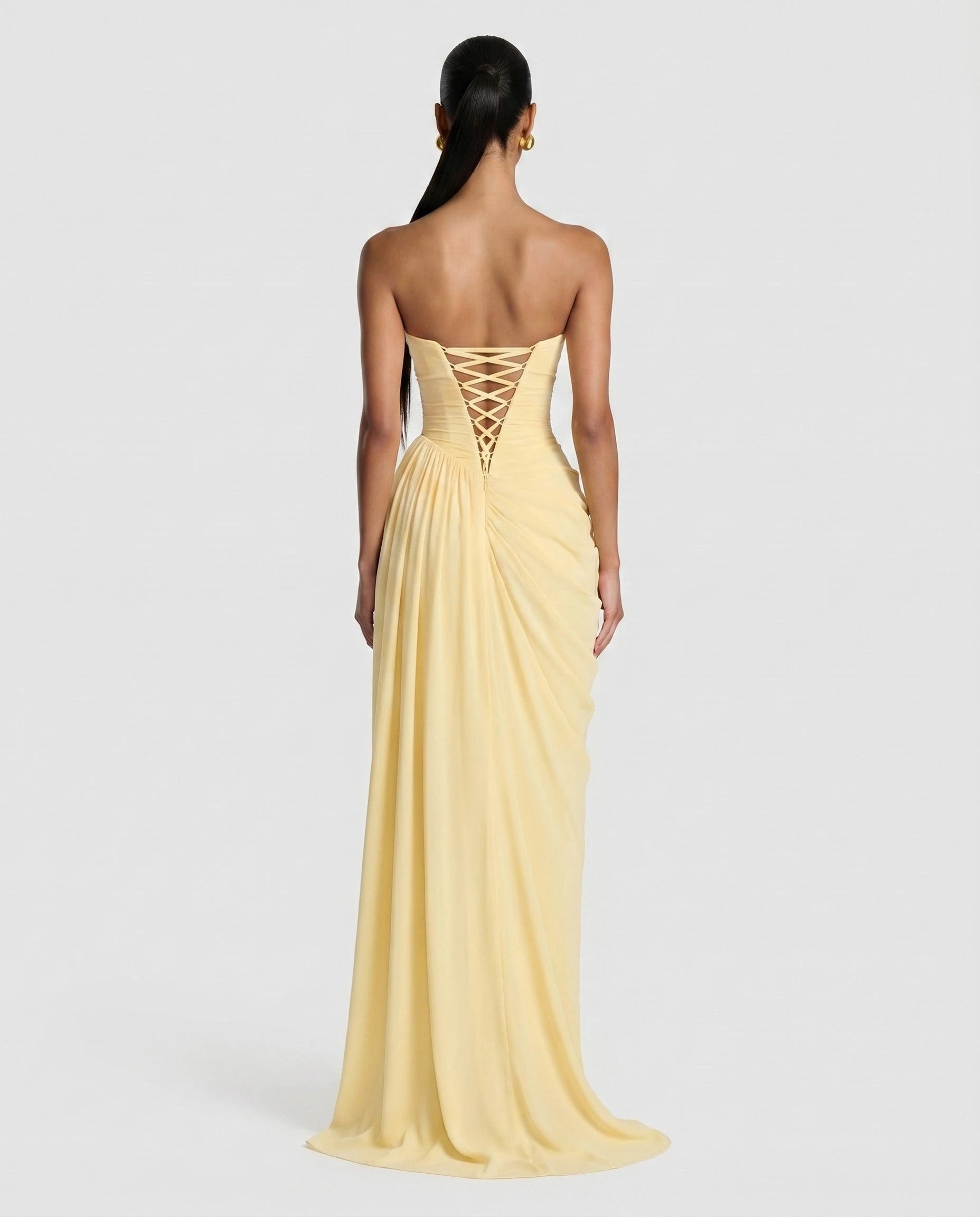 Robe longue bustier jaune beurre, vue dos corset lace