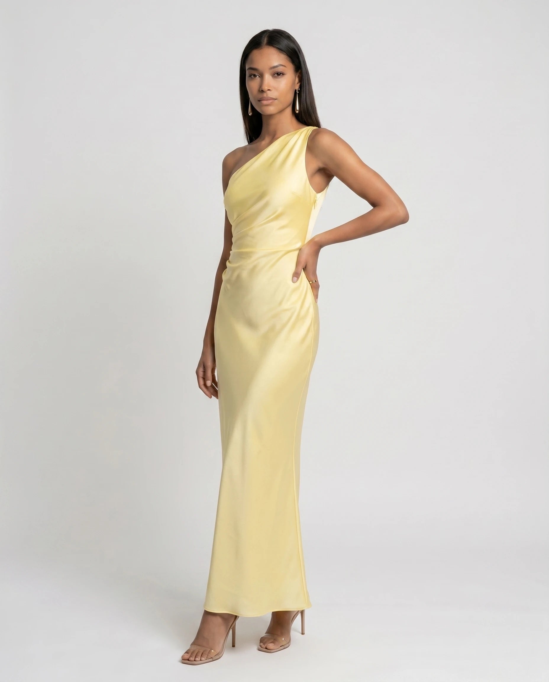 Robe longue en satin une epaule - Jaune Citron - Ines